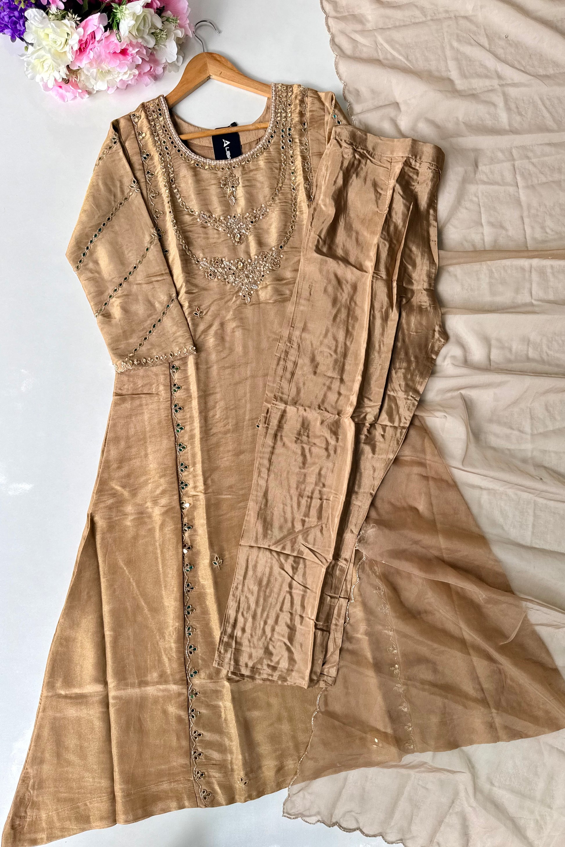 ✨Pearl – Premium Gold Beige  Mirror Work Tissue A Line Kurta Set