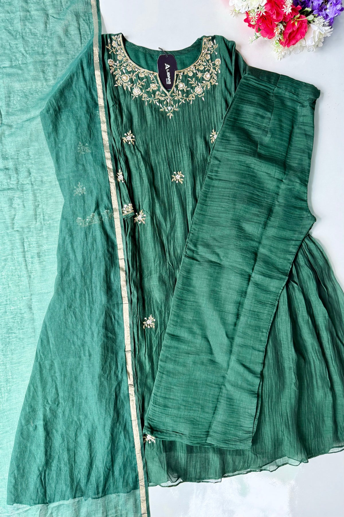 ✨Zoe - Premium Bottle Green Mul Chanderi A Line Kurta Set ✨