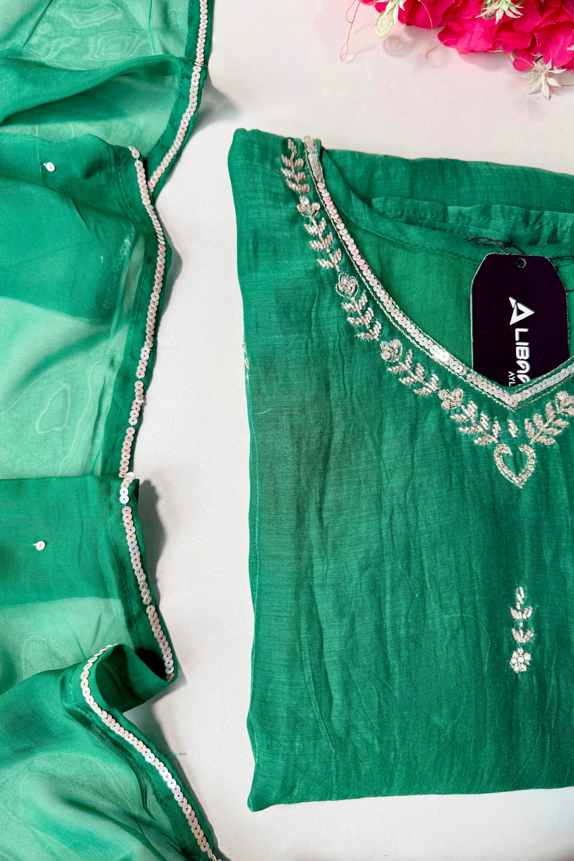 ✨”Eshal - Premium Green Mul Chanderi A-Line Kurta Set