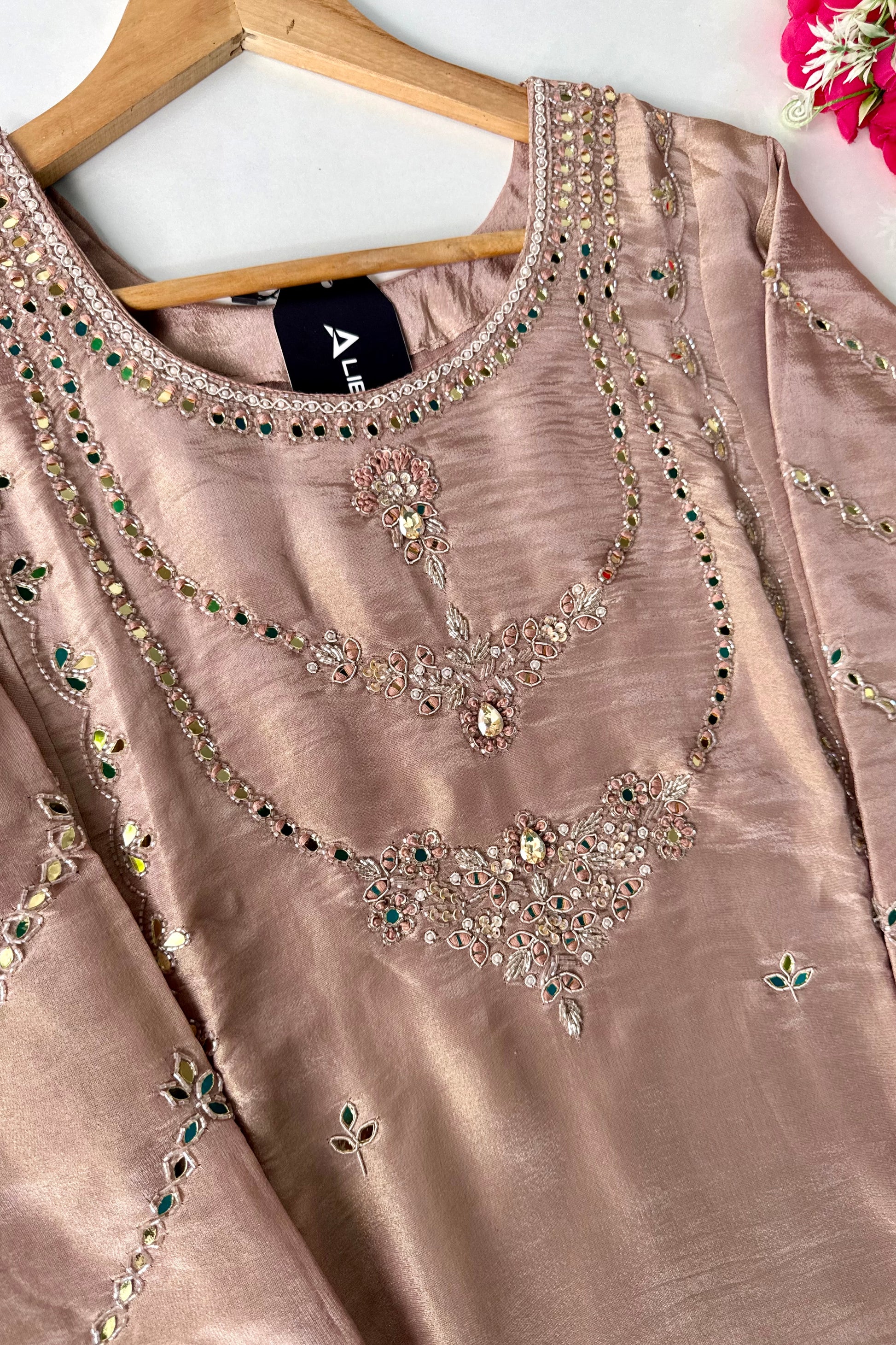 ✨Pearl – Premium Blush Mirror Work Tissue A Line Kurta Set