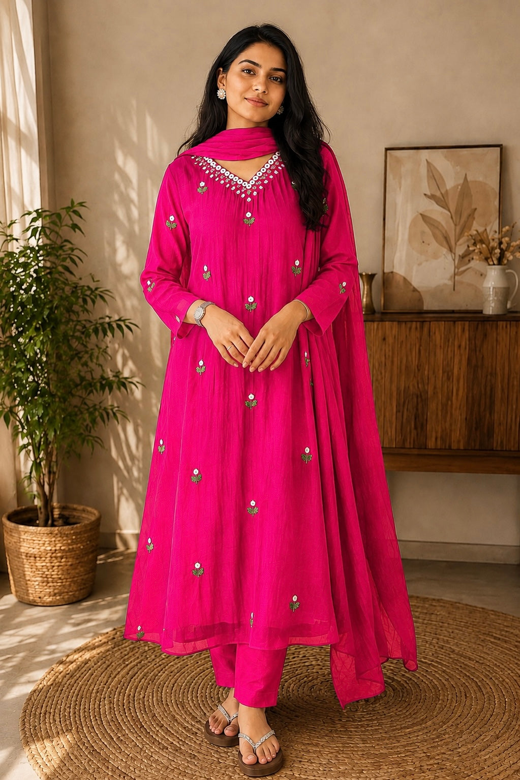 ✨”Ruby - Premium Pink Mul Chanderi A-Line Kurta Set