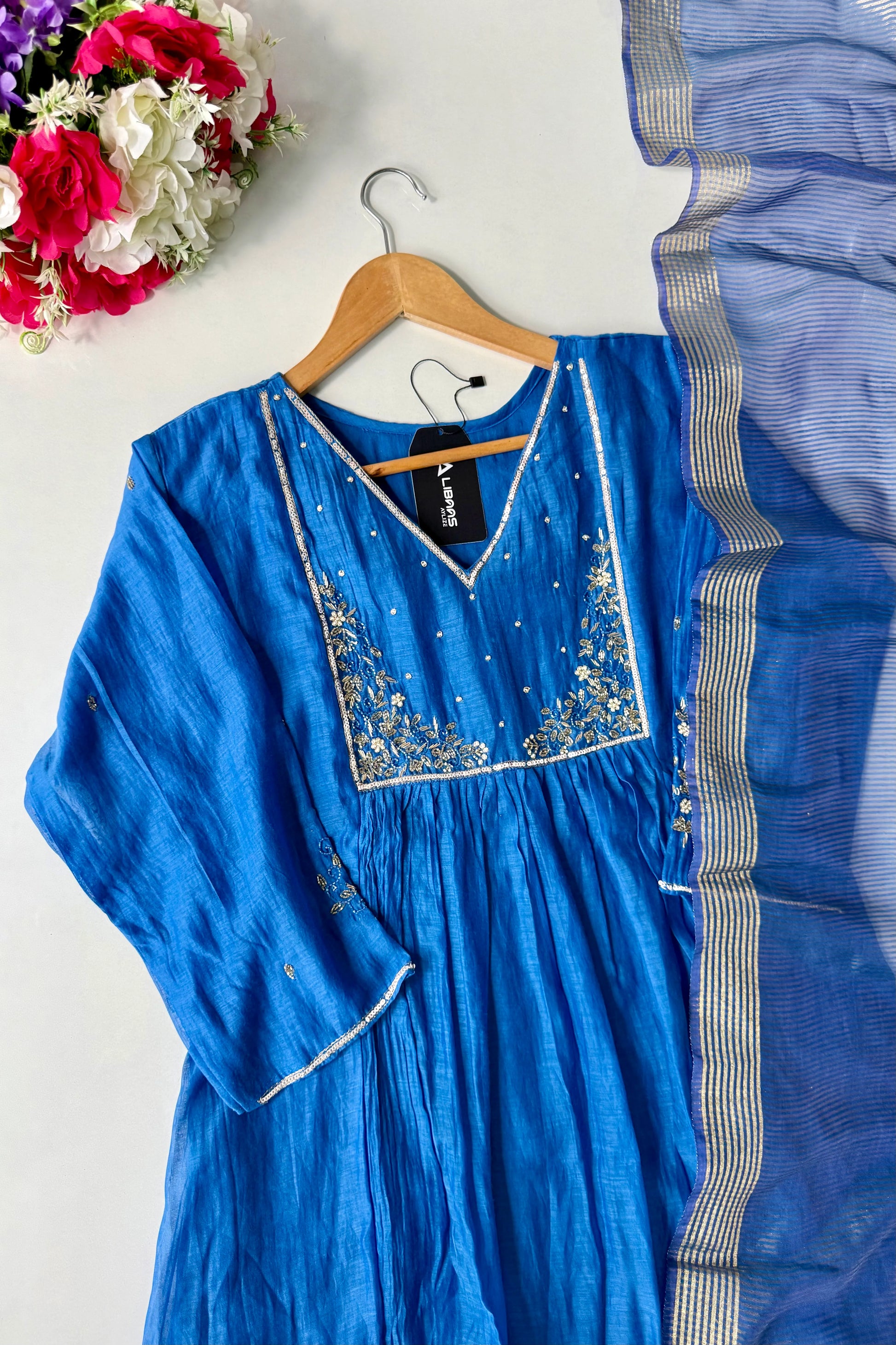 ✨ Gulnoor – Royal Blue Mul Chanderi A-Line Kurta Set with Dupatta