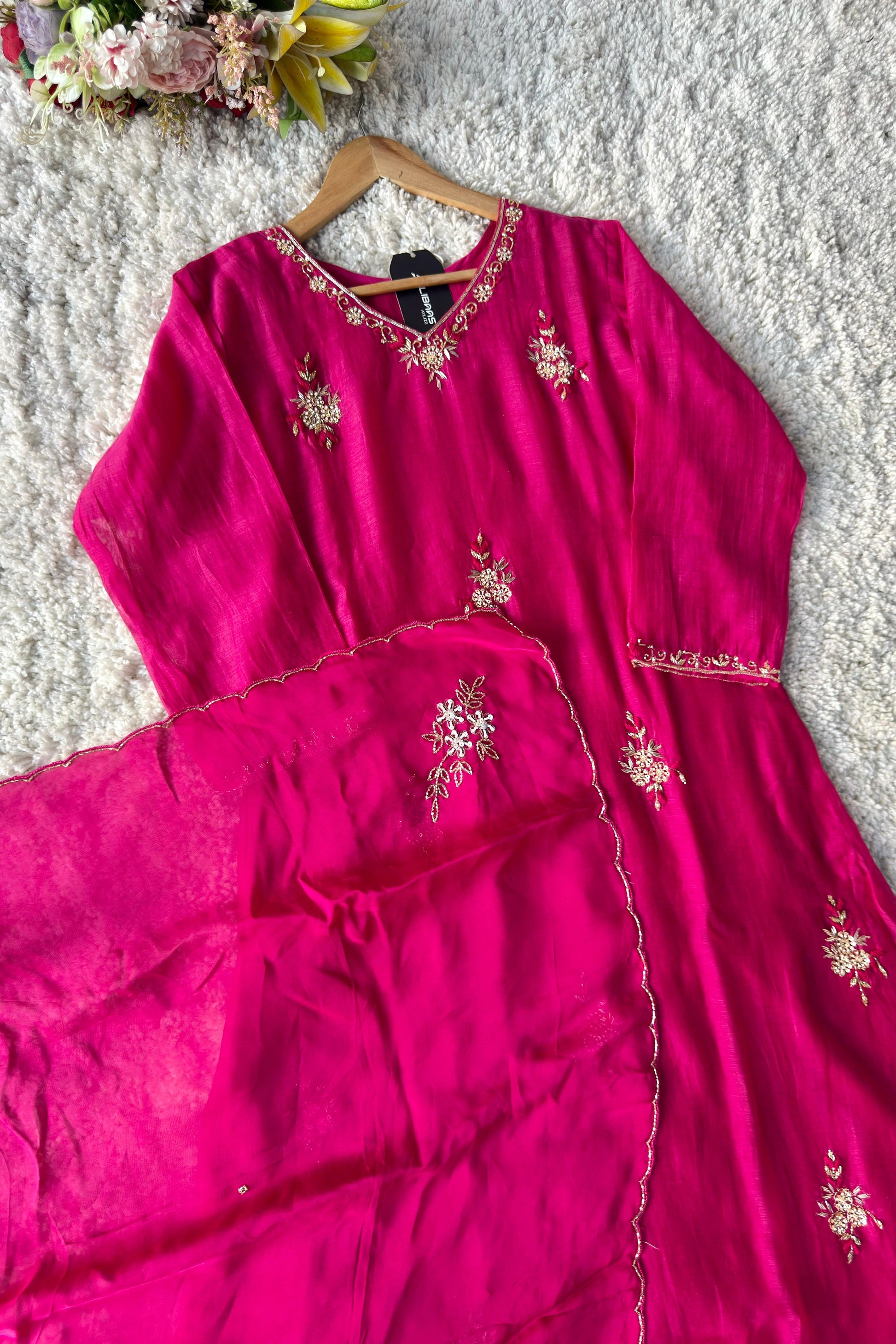 💕Zidan- Premium Pink Mul Chanderi A Line Suit set 🛍️