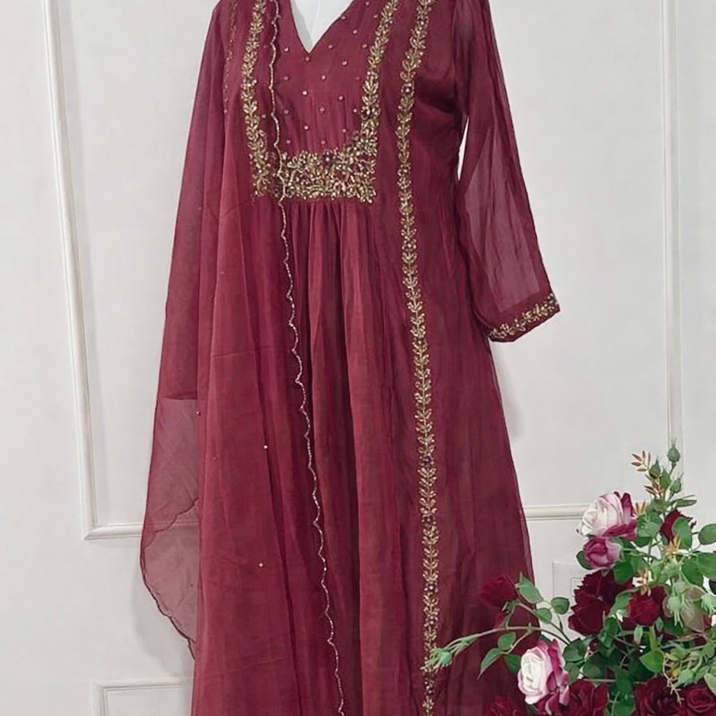 “Ayza” Premium Maroon Mul Chanderi A Line Suit set 🛍️