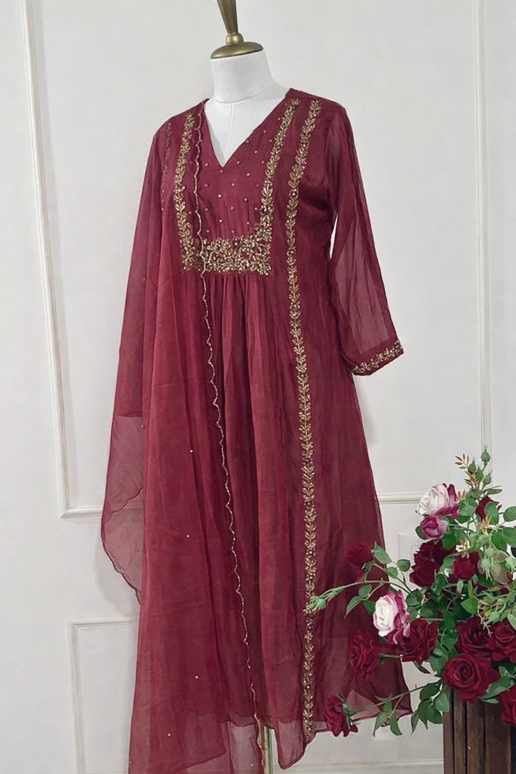 “Ayza” Premium Maroon Mul Chanderi A Line Suit set 🛍️