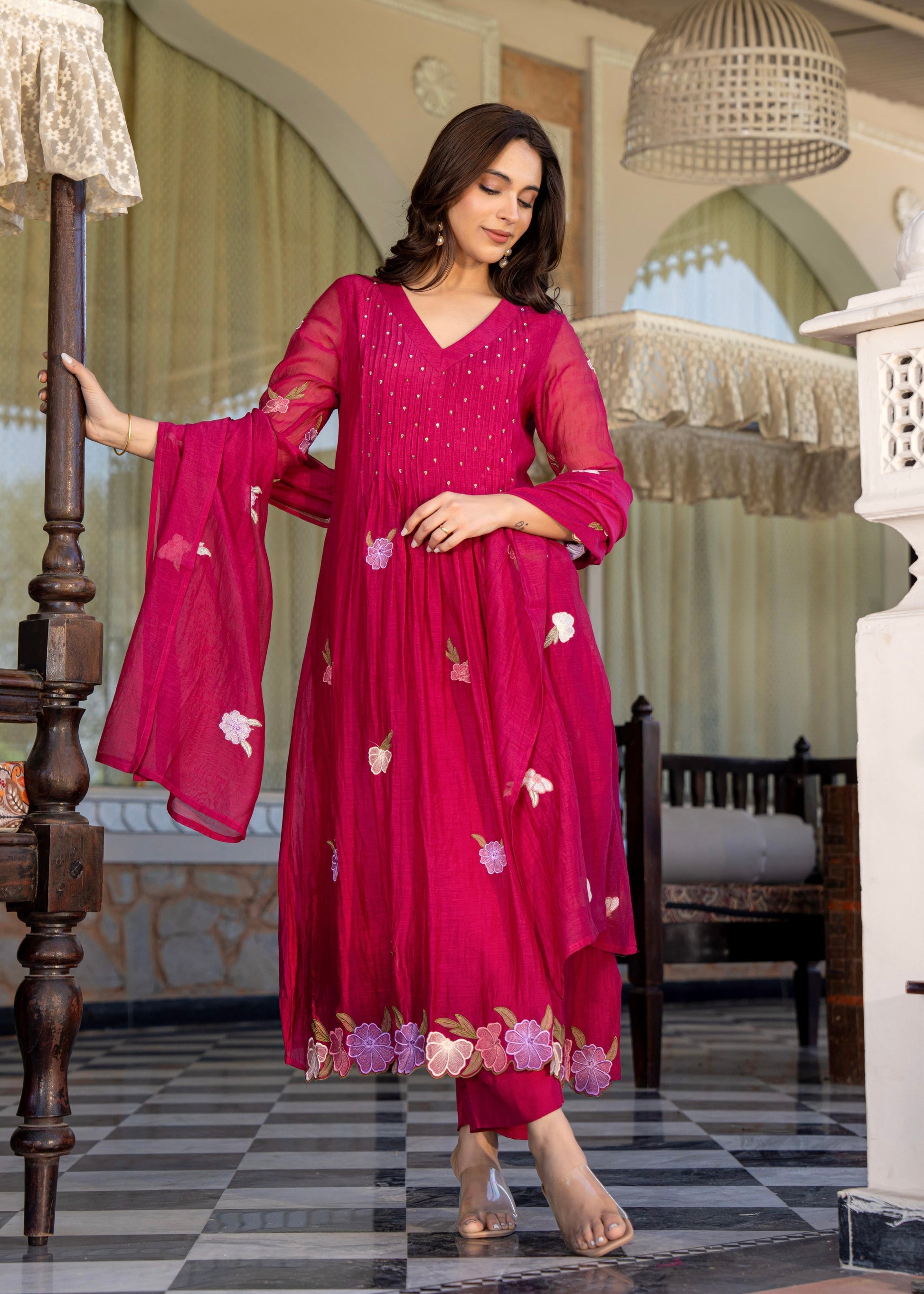“Jhanvi” Luxury Mul Chanderi Anarkali Set | Appliqué Embroidery | Dupatta & Bottom