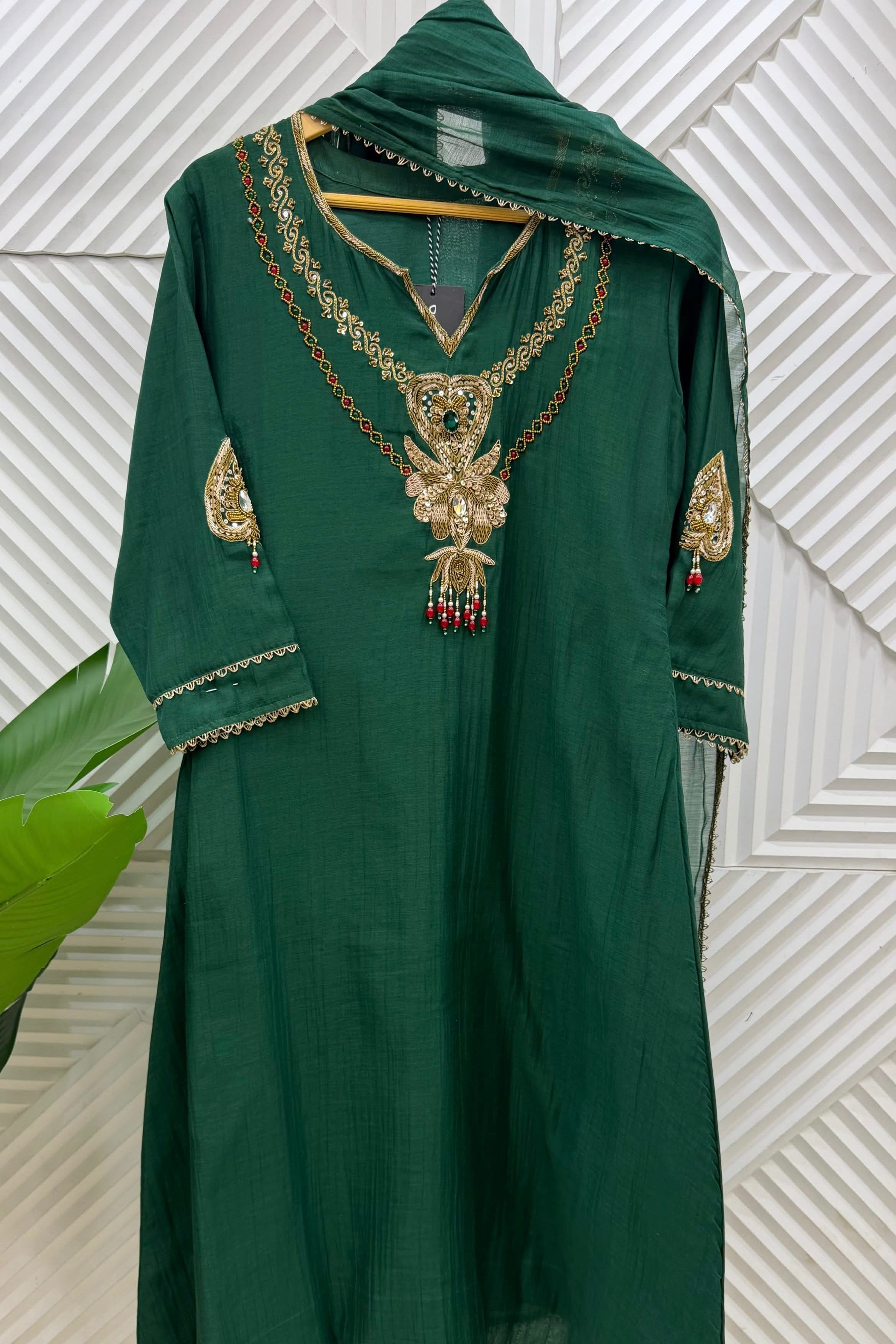 ✨”Palak - Premium Green Mul Chanderi A-Line Kurta Set