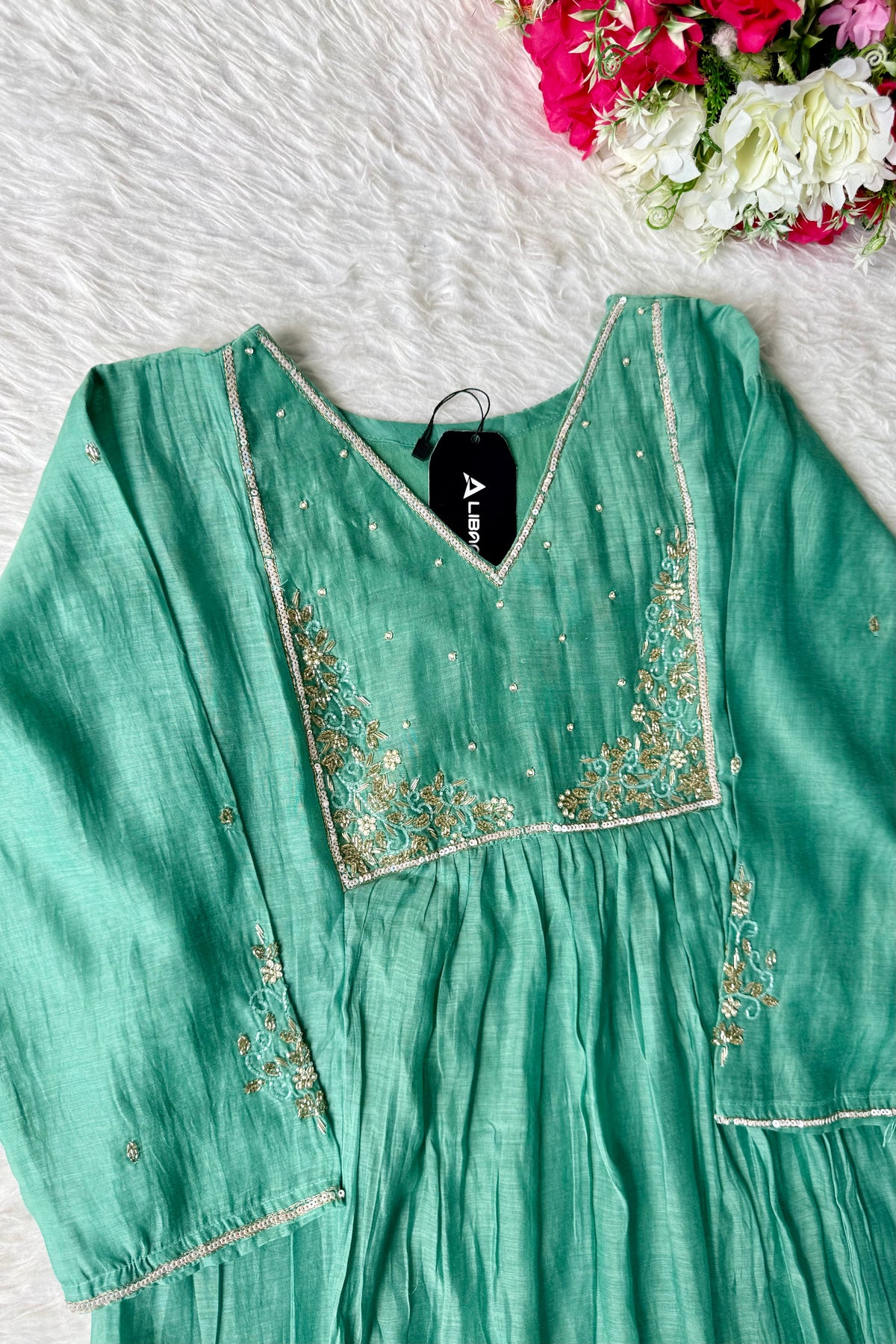✨ Gulnoor – Green Mul Chanderi A-Line Kurta Set with Dupatta