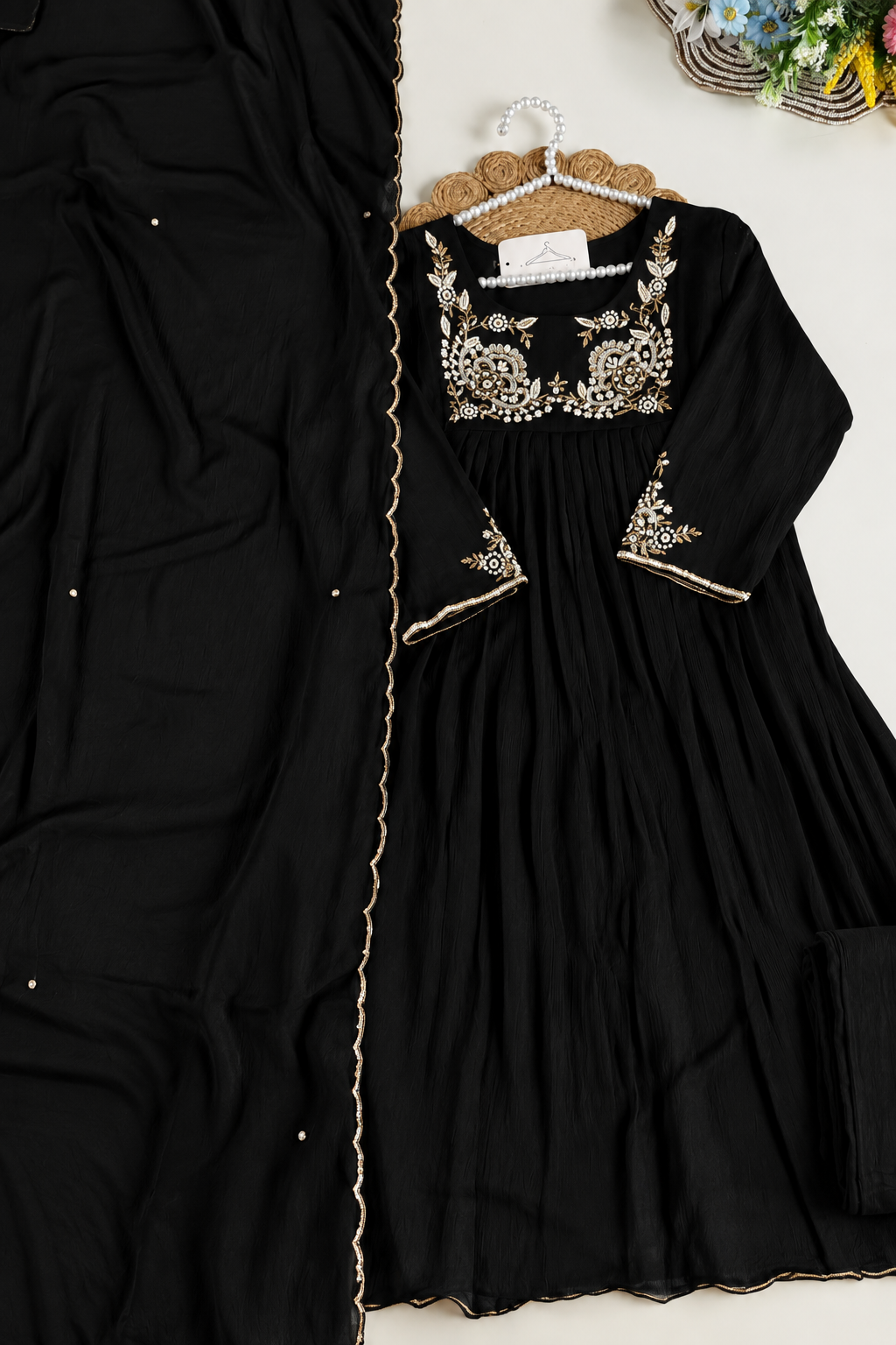 “Saanvi” Black Chinon Anarkali Kurti Pant With Dupatta Sets