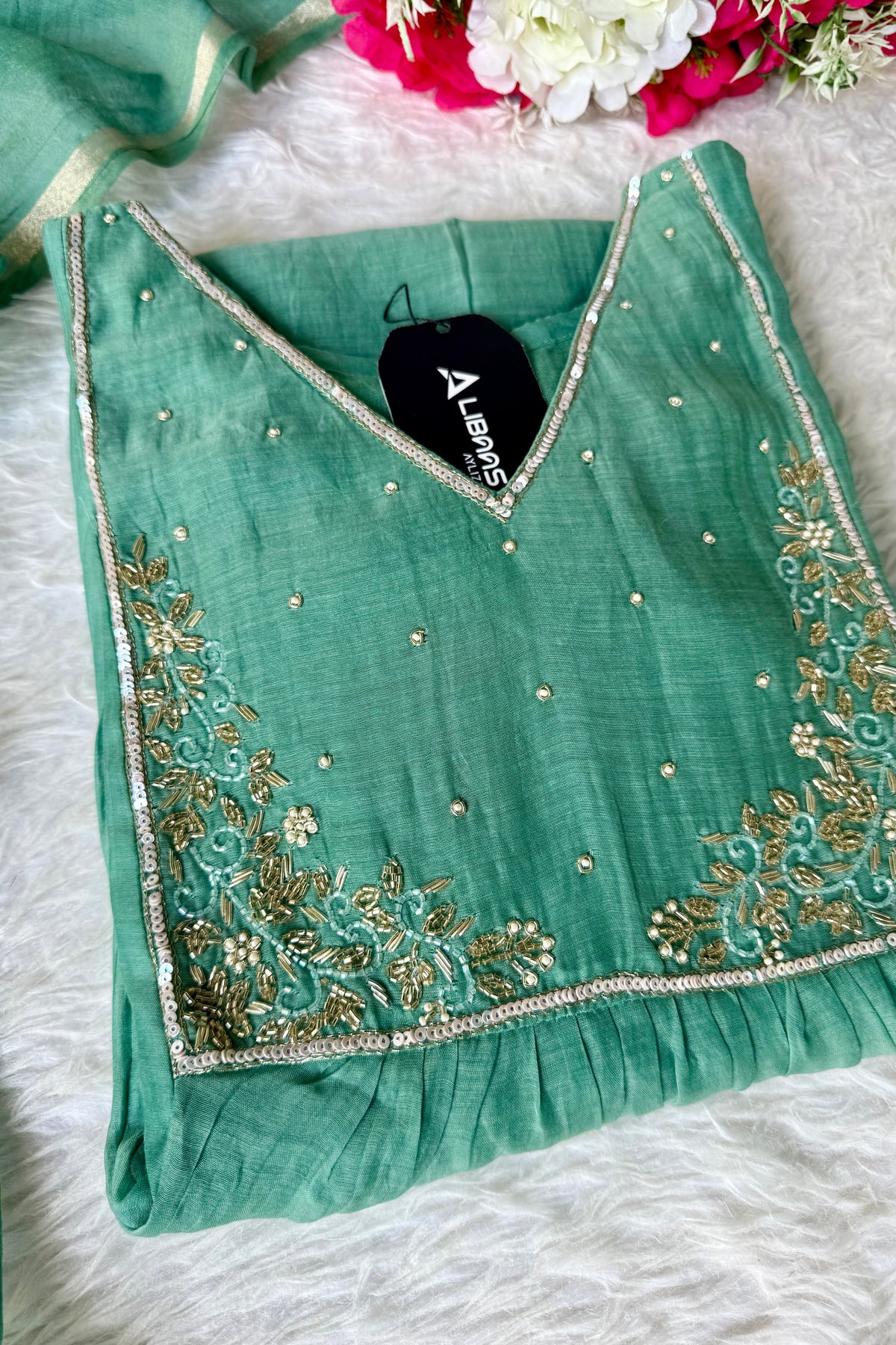 ✨ Gulnoor – Green Mul Chanderi A-Line Kurta Set with Dupatta