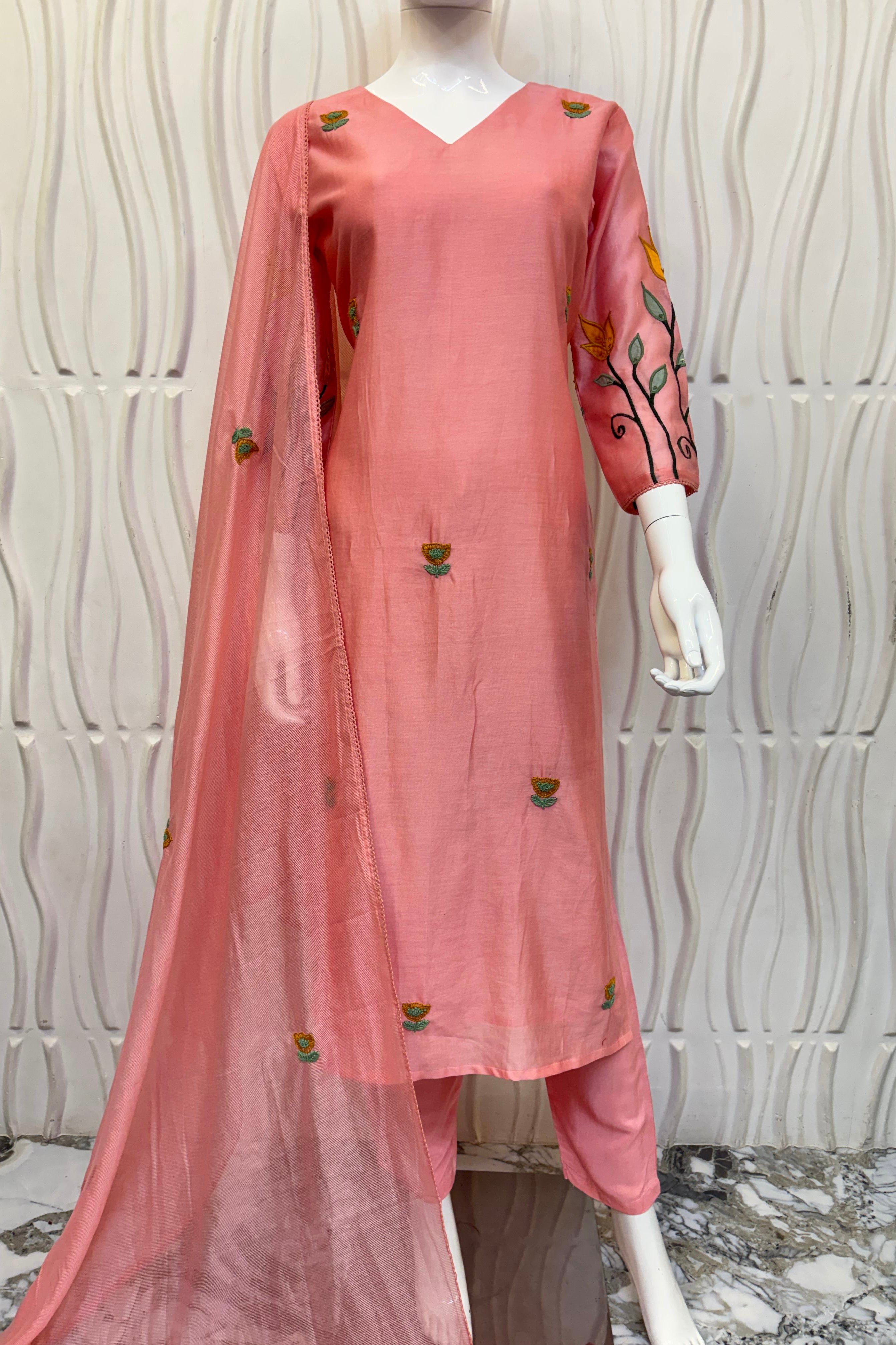 🛍️”Rosyn –  Premium Peach Mul Chanderi Applique Work A Line Kurta Set