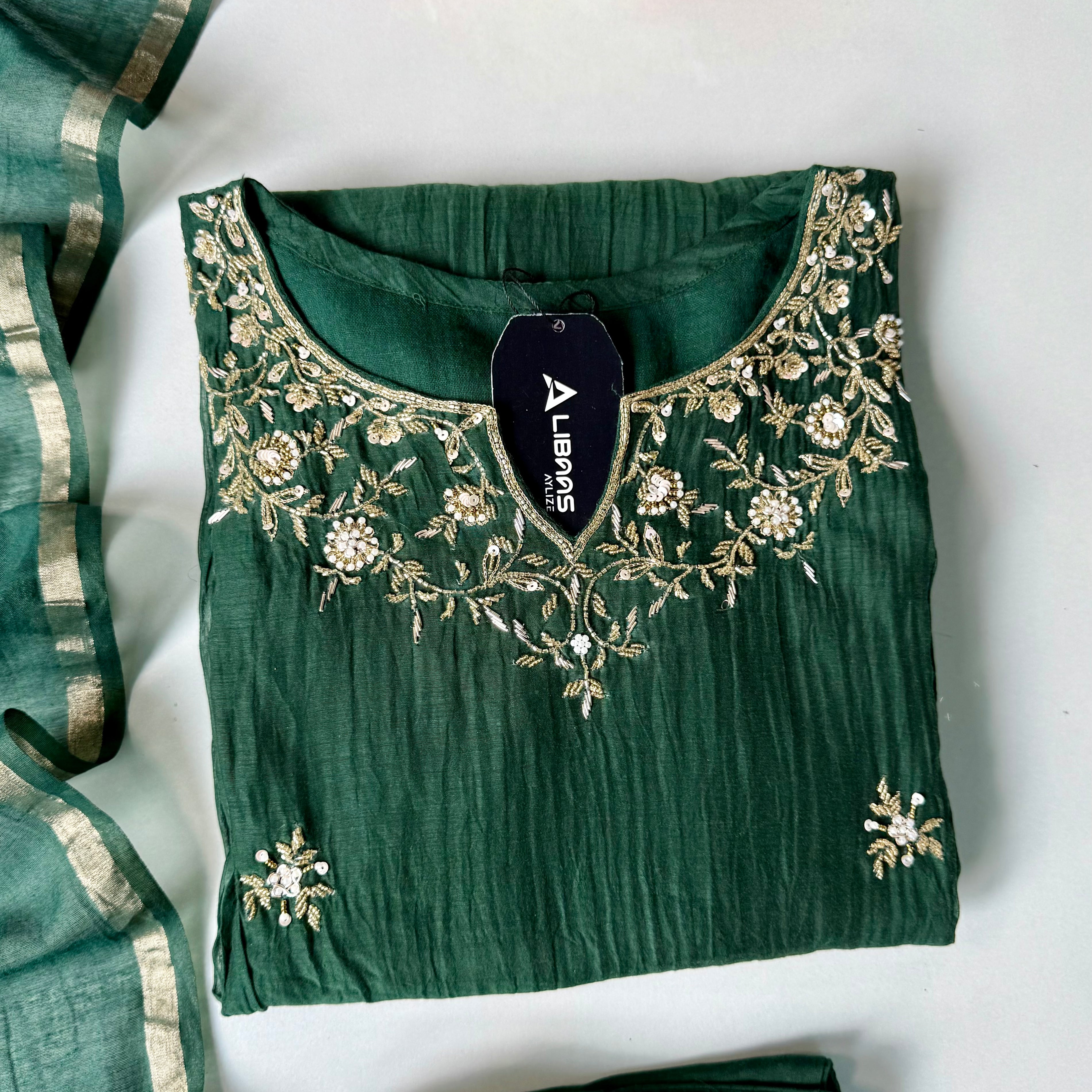 ✨Zoe - Premium Bottle Green Mul Chanderi A Line Kurta Set ✨