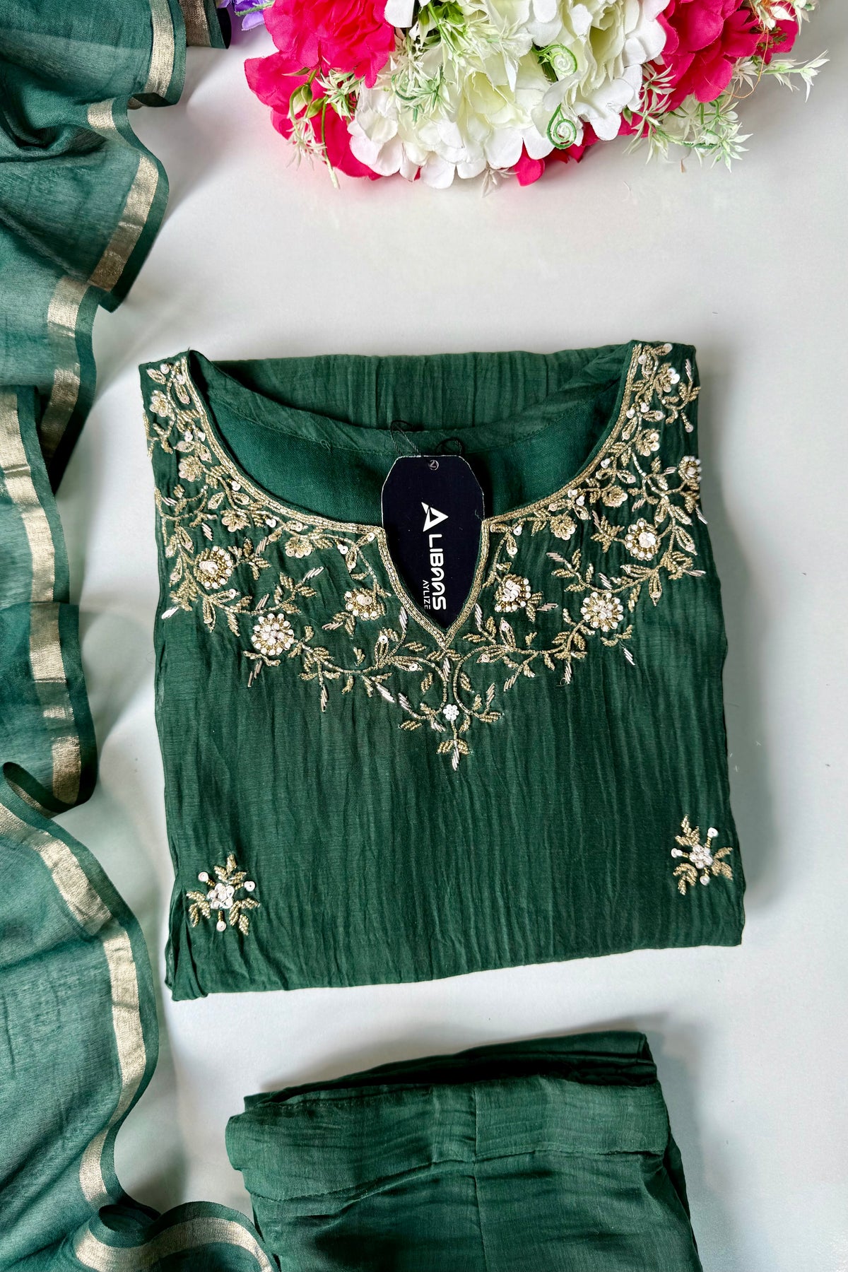 ✨Zoe - Premium Bottle Green Mul Chanderi A Line Kurta Set ✨