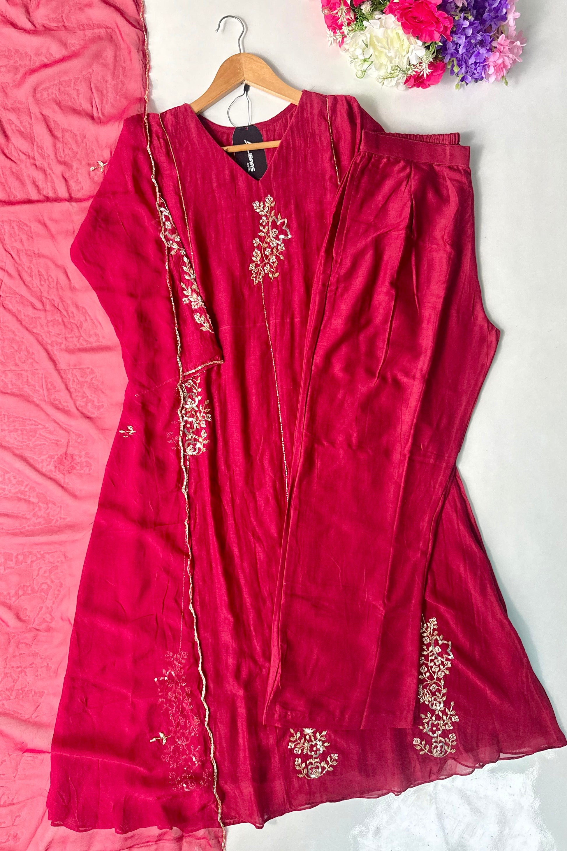 ✨”Rida - Premium Red Mul Chanderi A-Line Kurta Set