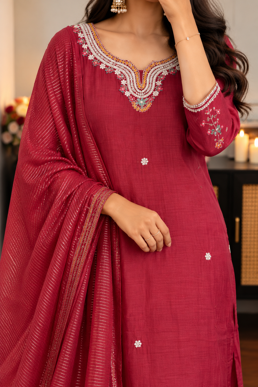 “Bindiya” Deep Rose Mul Chanderi Stright kurta set