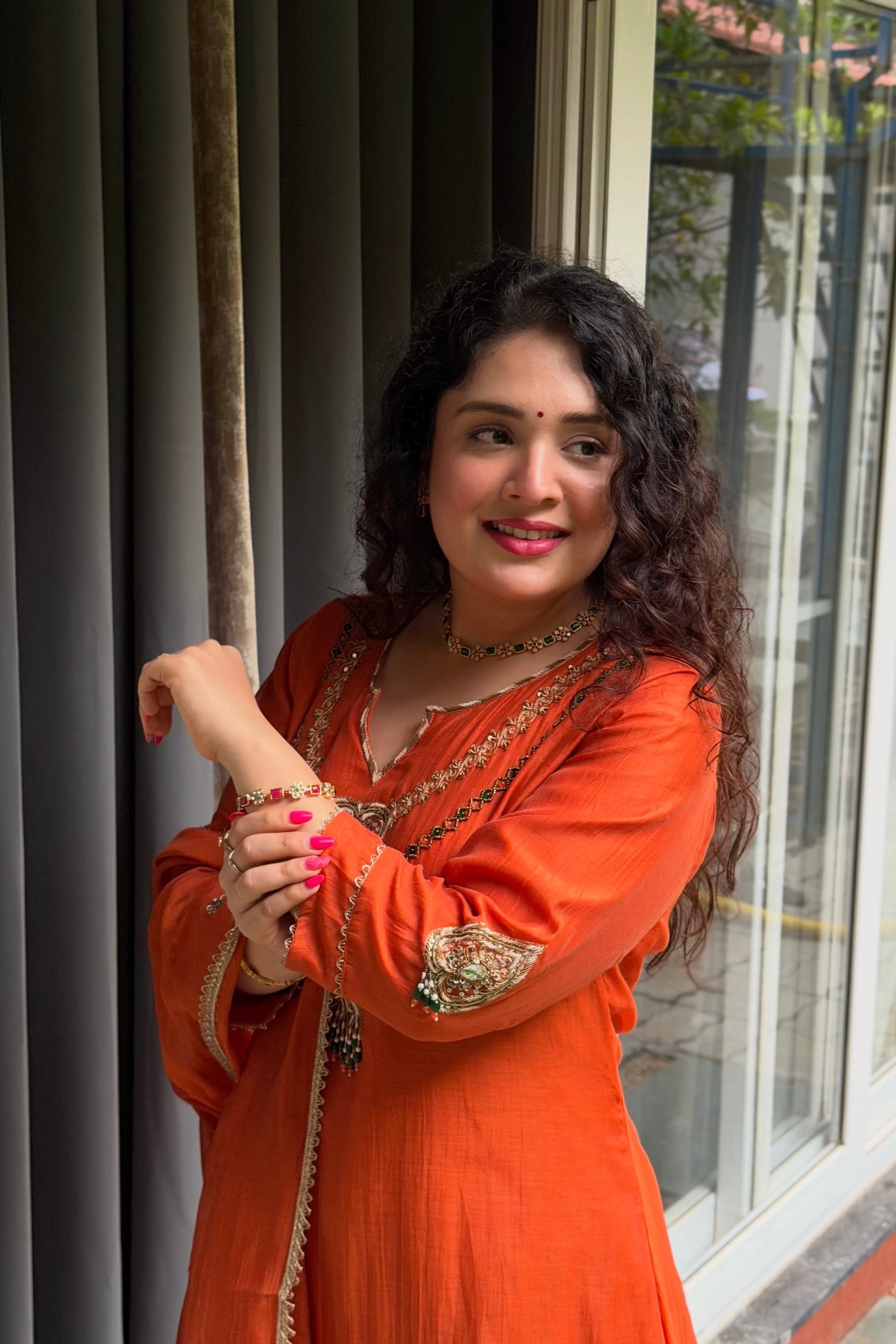 ✨”Falak - Premium Orange Mul Chanderi A-Line Kurta Set