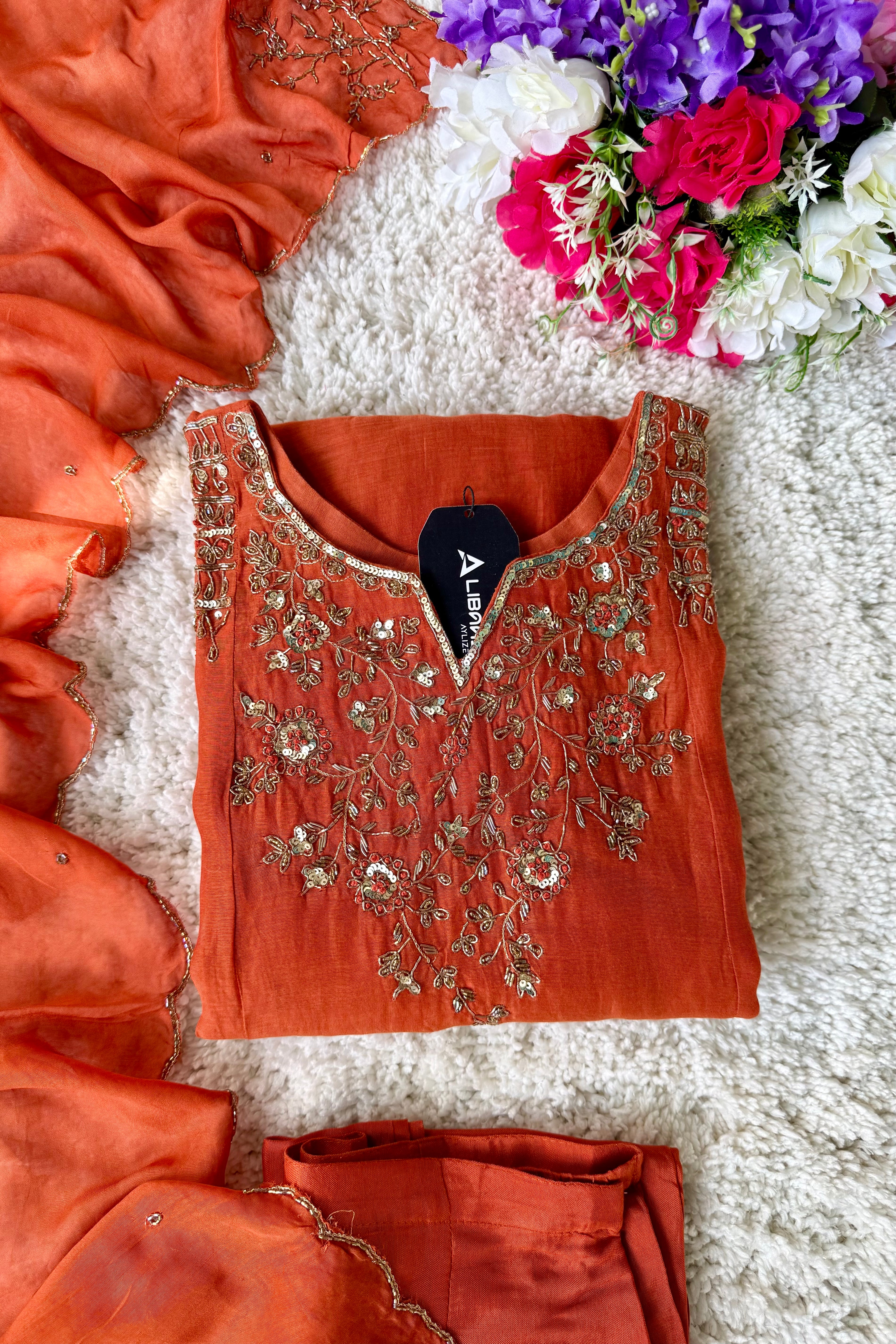 ✨Daisy - Premium Ornage Mul Chanderi A-Line Anarkali Kurta set