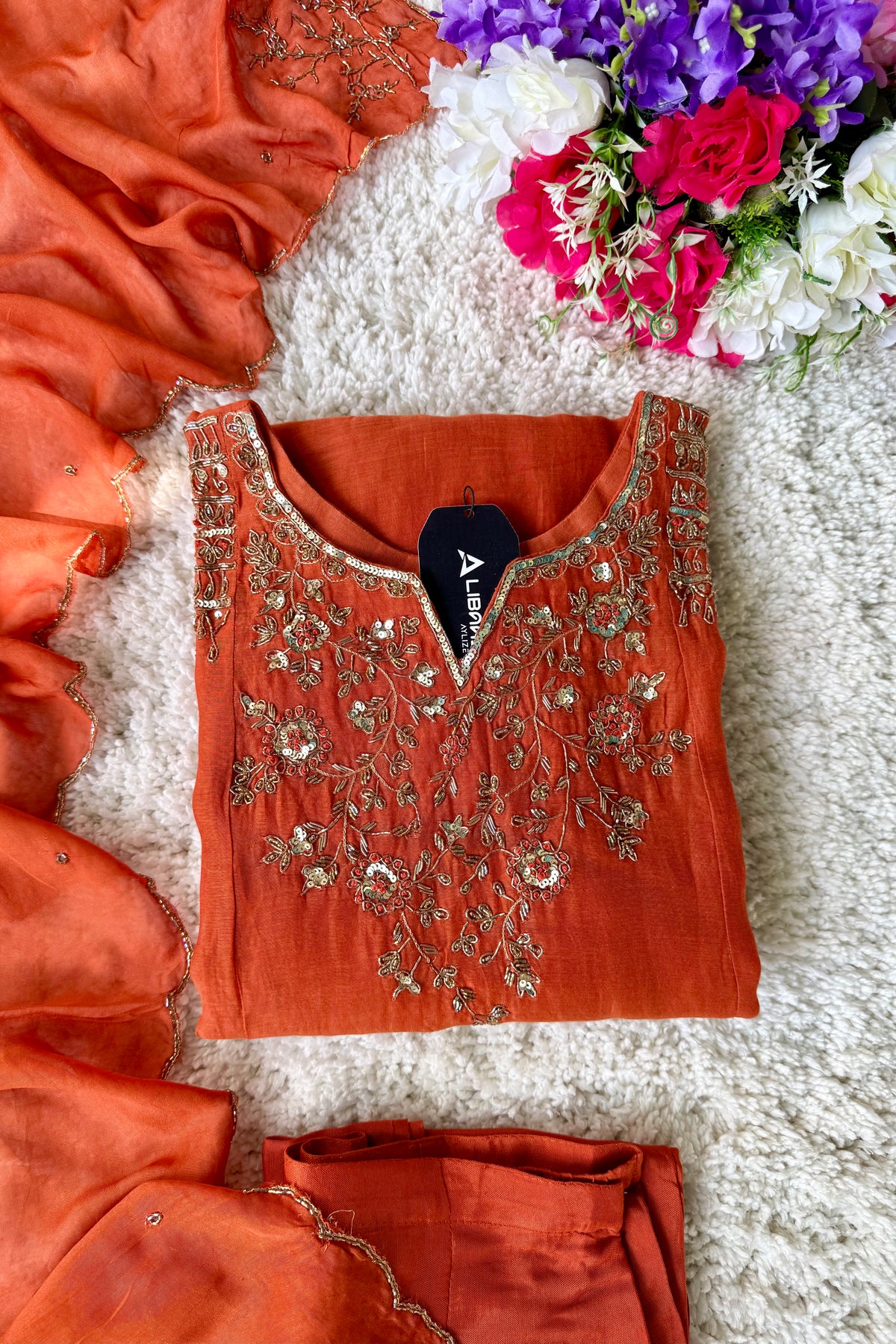 ✨Daisy - Premium Ornage Mul Chanderi A-Line Anarkali Kurta set