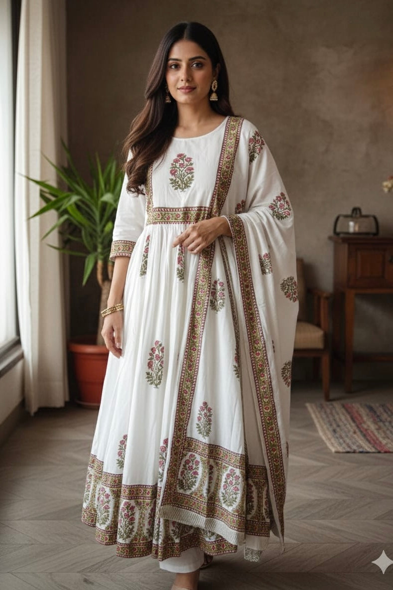 “Noor” Mul Cotton Anarkali Kurta Set With Printed Dupatta