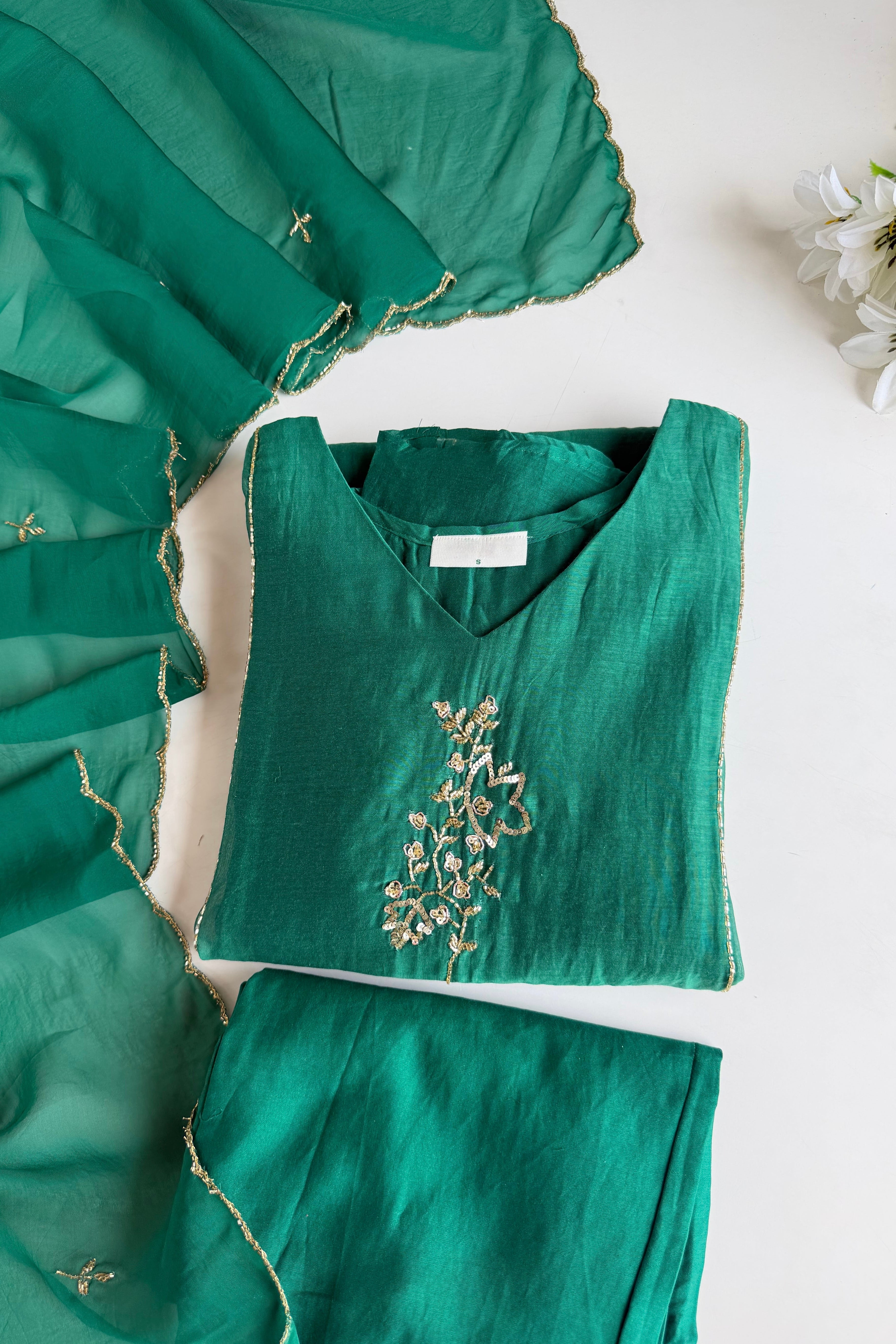 ✨”Rida - Premium Green Mul Chanderi A-Line Kurta Set
