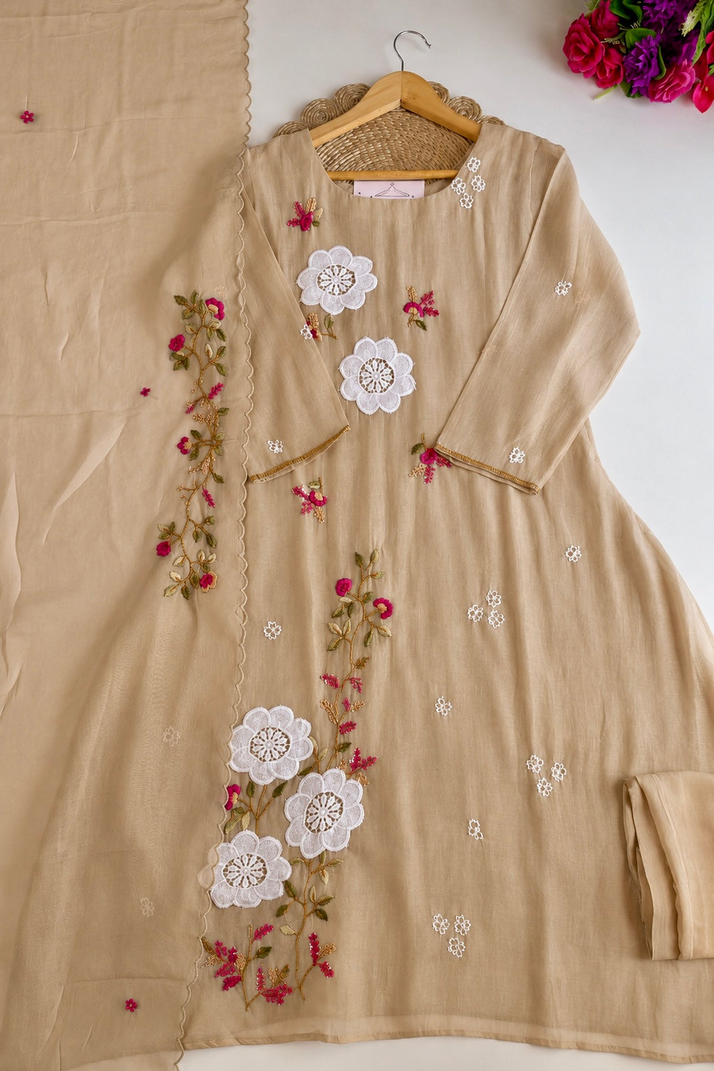 🛍️”Freya – Premium Chanderi Embroidered A Line Kurta Set