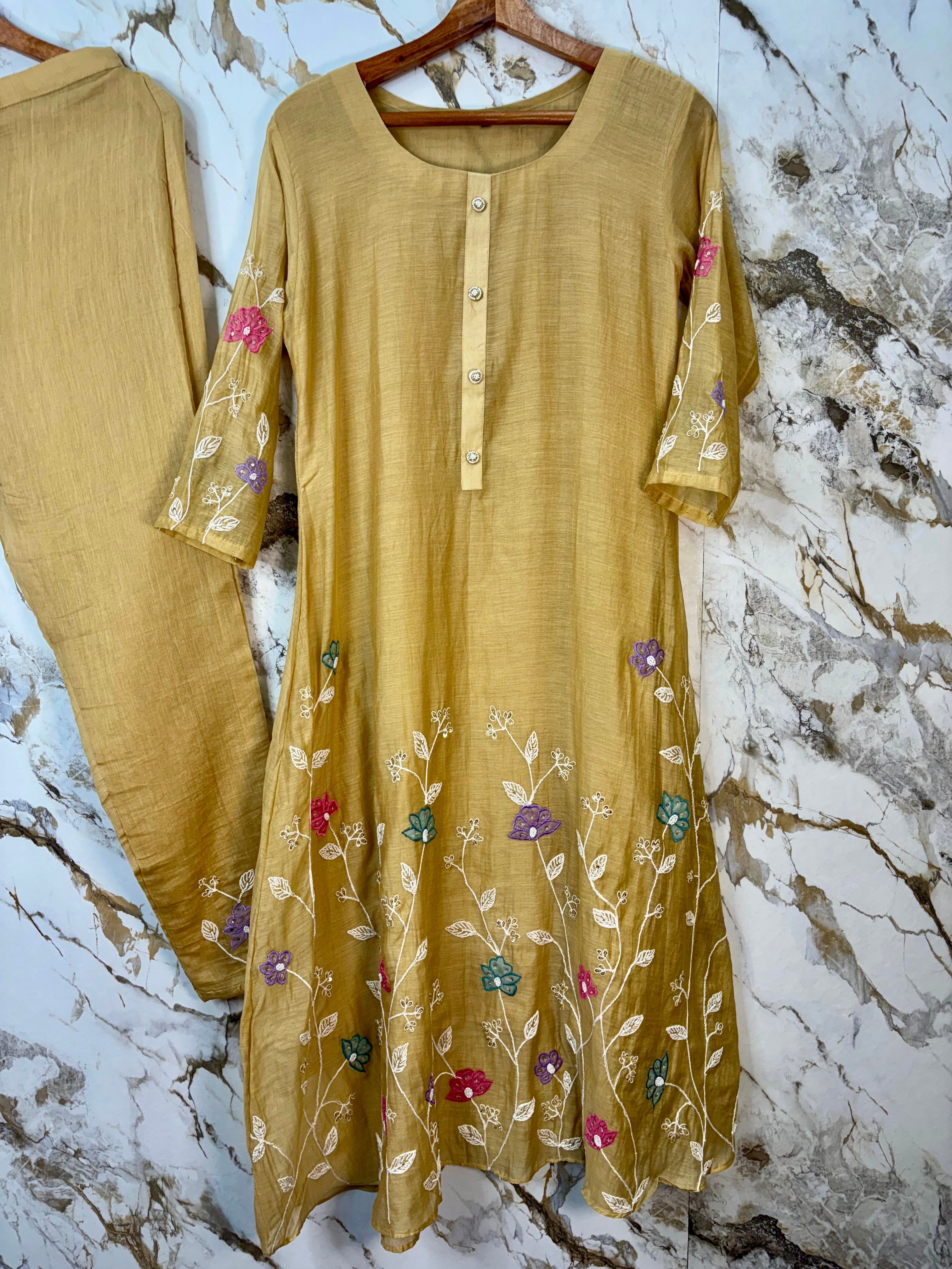 “Wow” Mul Chanderi Applique Embroidered A line Kurta Set