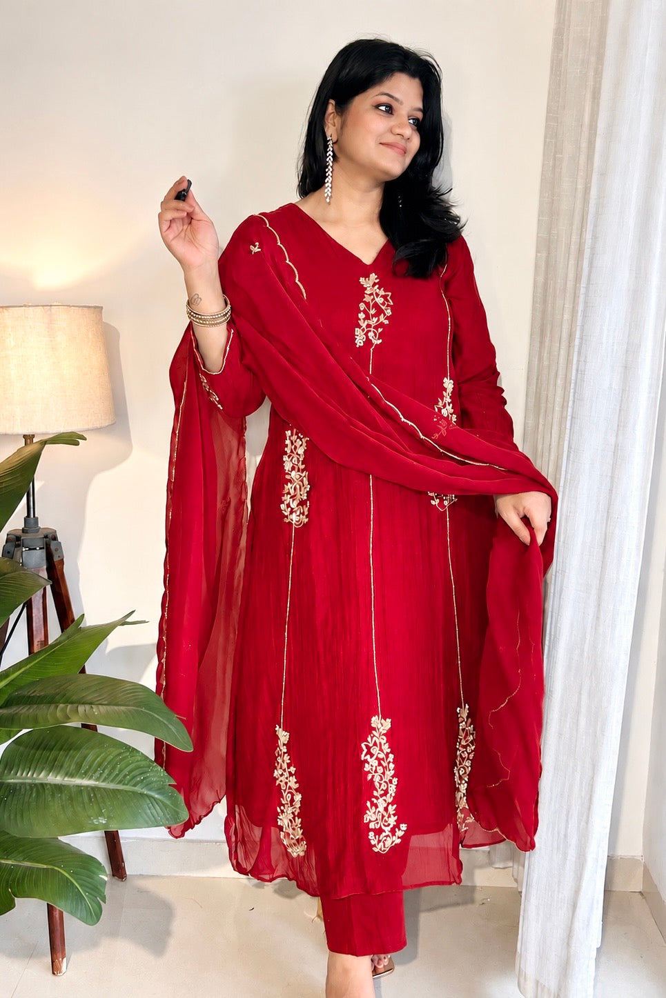 ✨”Rida - Premium Red Mul Chanderi A-Line Kurta Set❤️