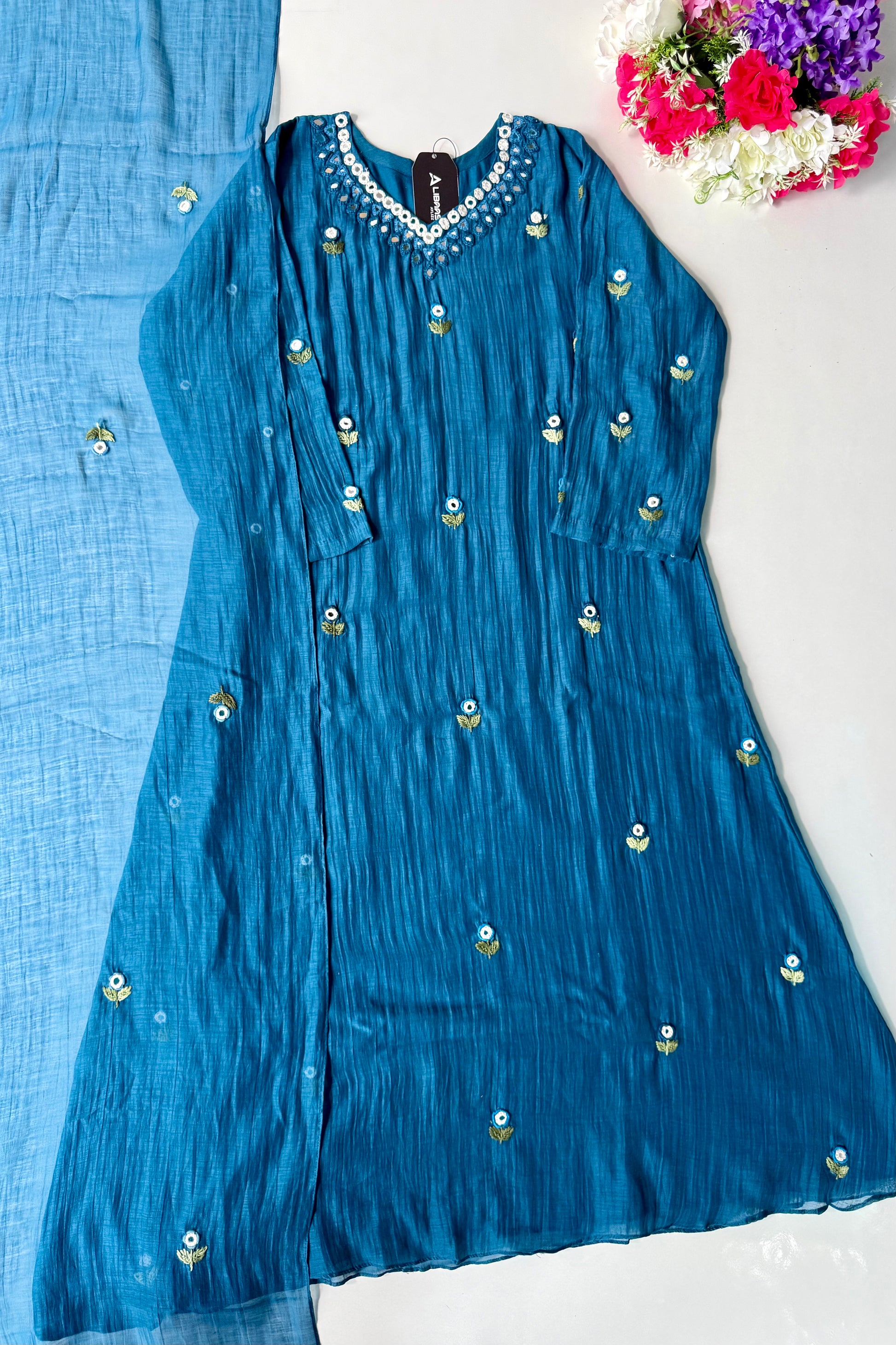 ✨”Ruby - Premium Blue Mul Chanderi A-Line Kurta Set