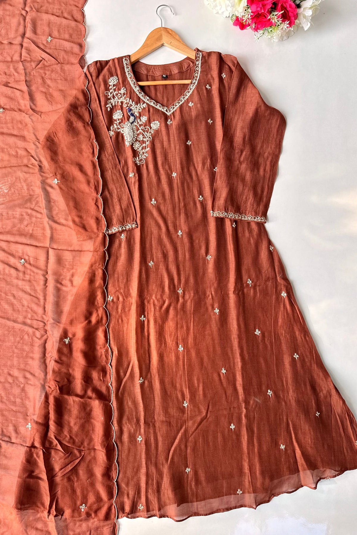 ✨”Nora - Premium Chocolate Brown Mul Chanderi A Line Kurta Set