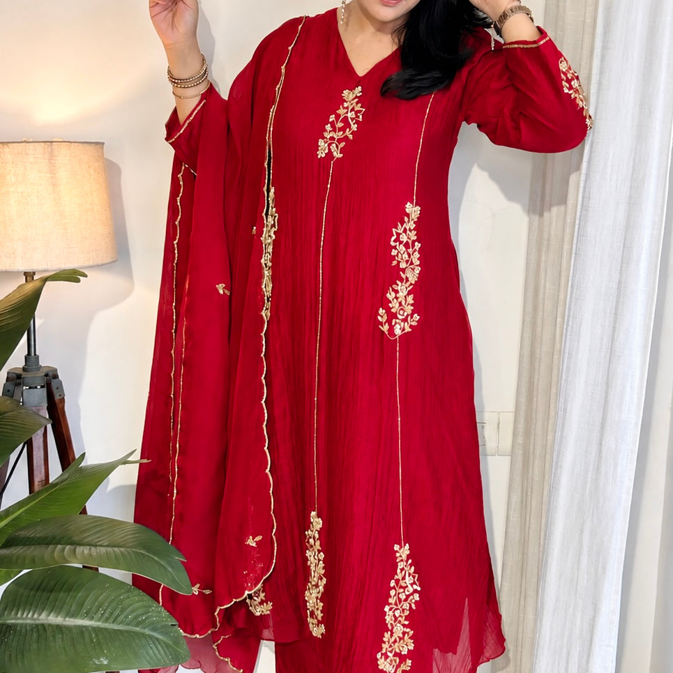 ✨”Rida - Premium Red Mul Chanderi A-Line Kurta Set❤️