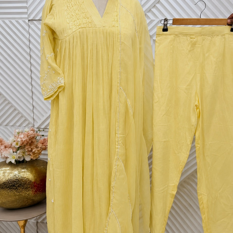 ✨Umang- Premium Yellow Mul Chanderi Anarkali Kurta Set