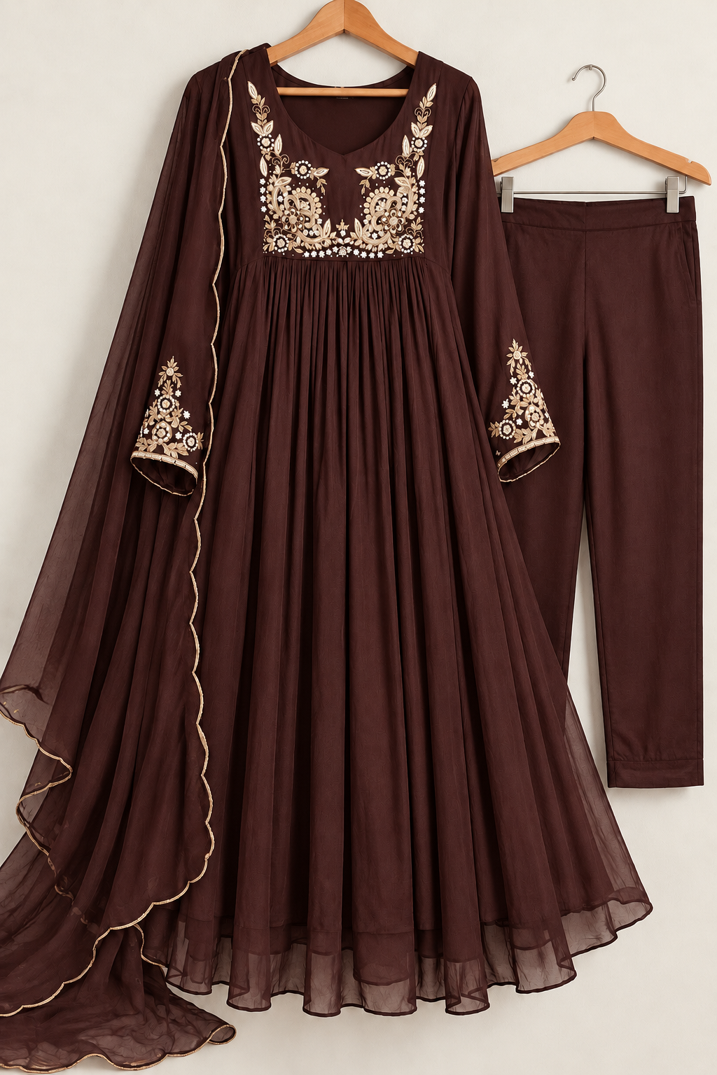 “Saanvi” Brown Chinon Anarkali Kurti Pant With Dupatta Set