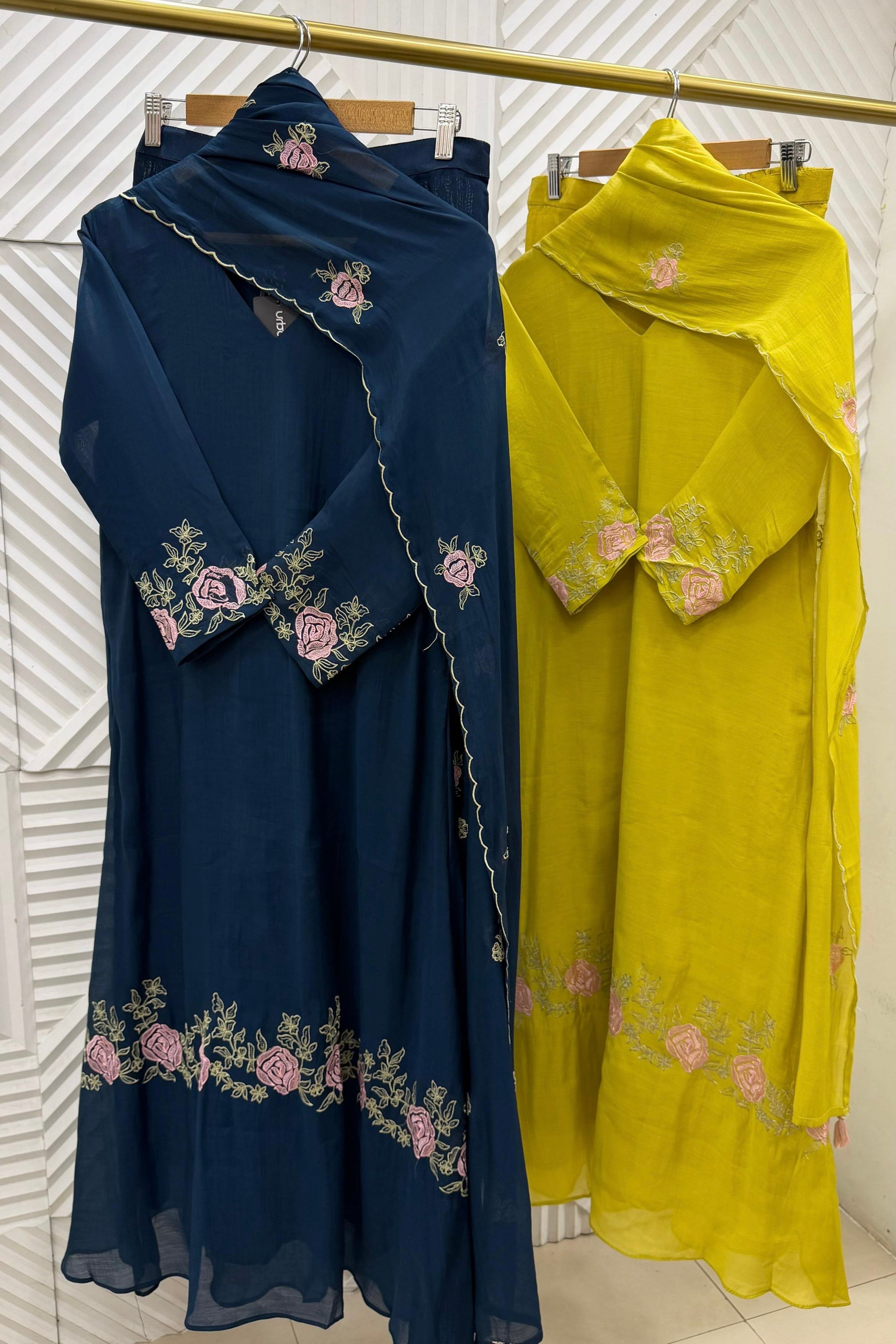 ✨Ay05- Pre book Mul Chanderi Embroidered Work A Line Kurta Set