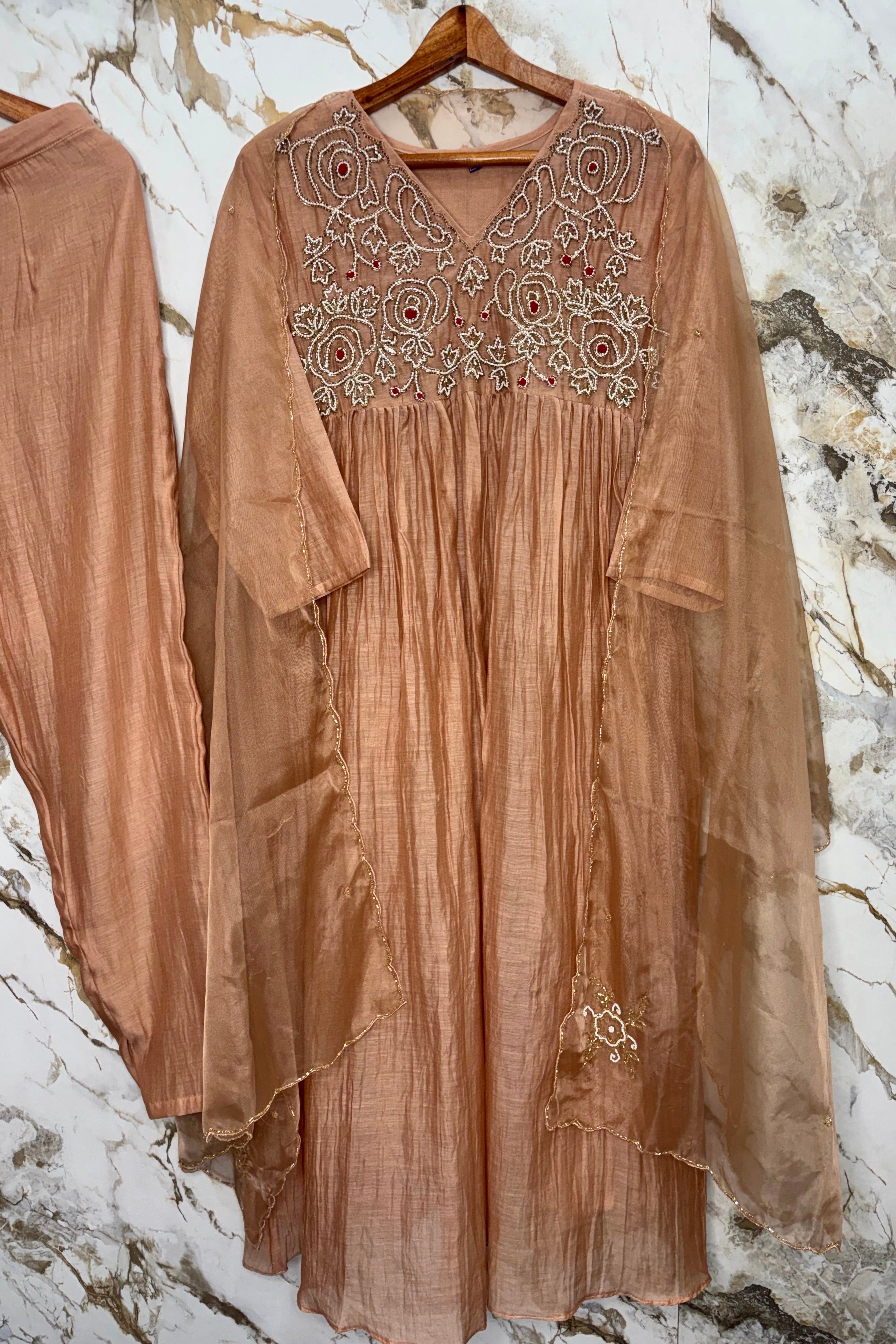 ✨Ay11- Peach  Mul Chanderi A Line Kurta set