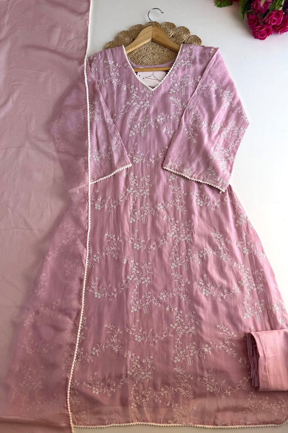 “Elina” Blossom Pink Crushed Chanderi A Line Suit set 🛍️