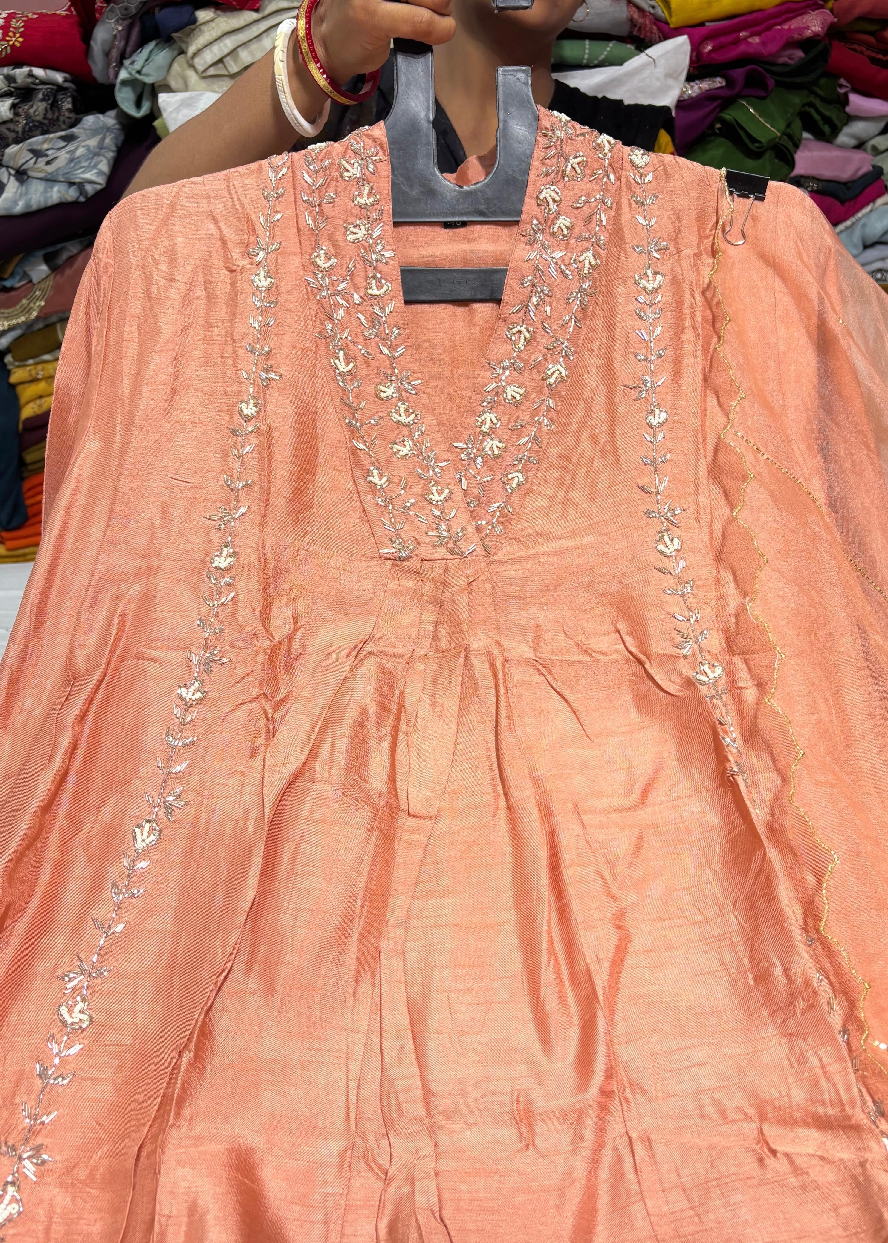 “Eira” Heavy handwork Tissue silk A line kurti set 🛍️