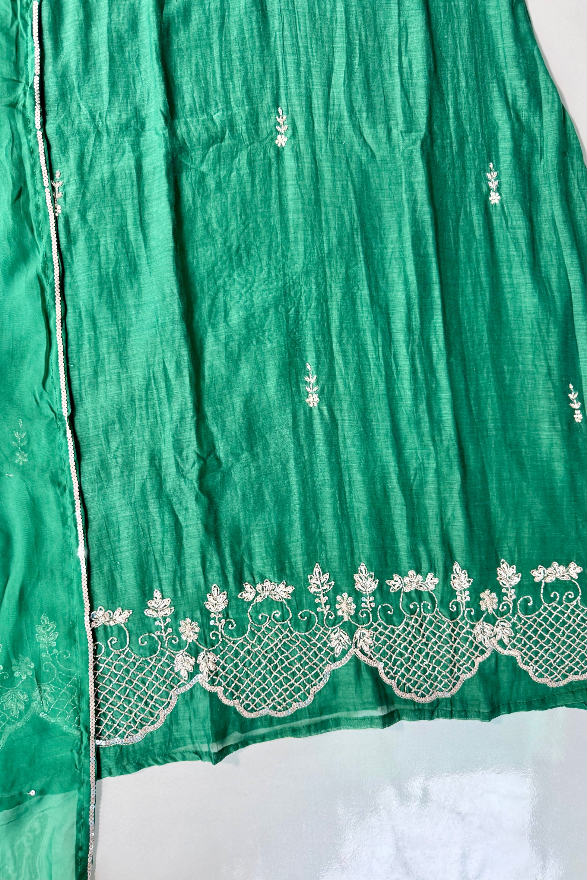 ✨”Eshal - Premium Green Mul Chanderi A-Line Kurta Set