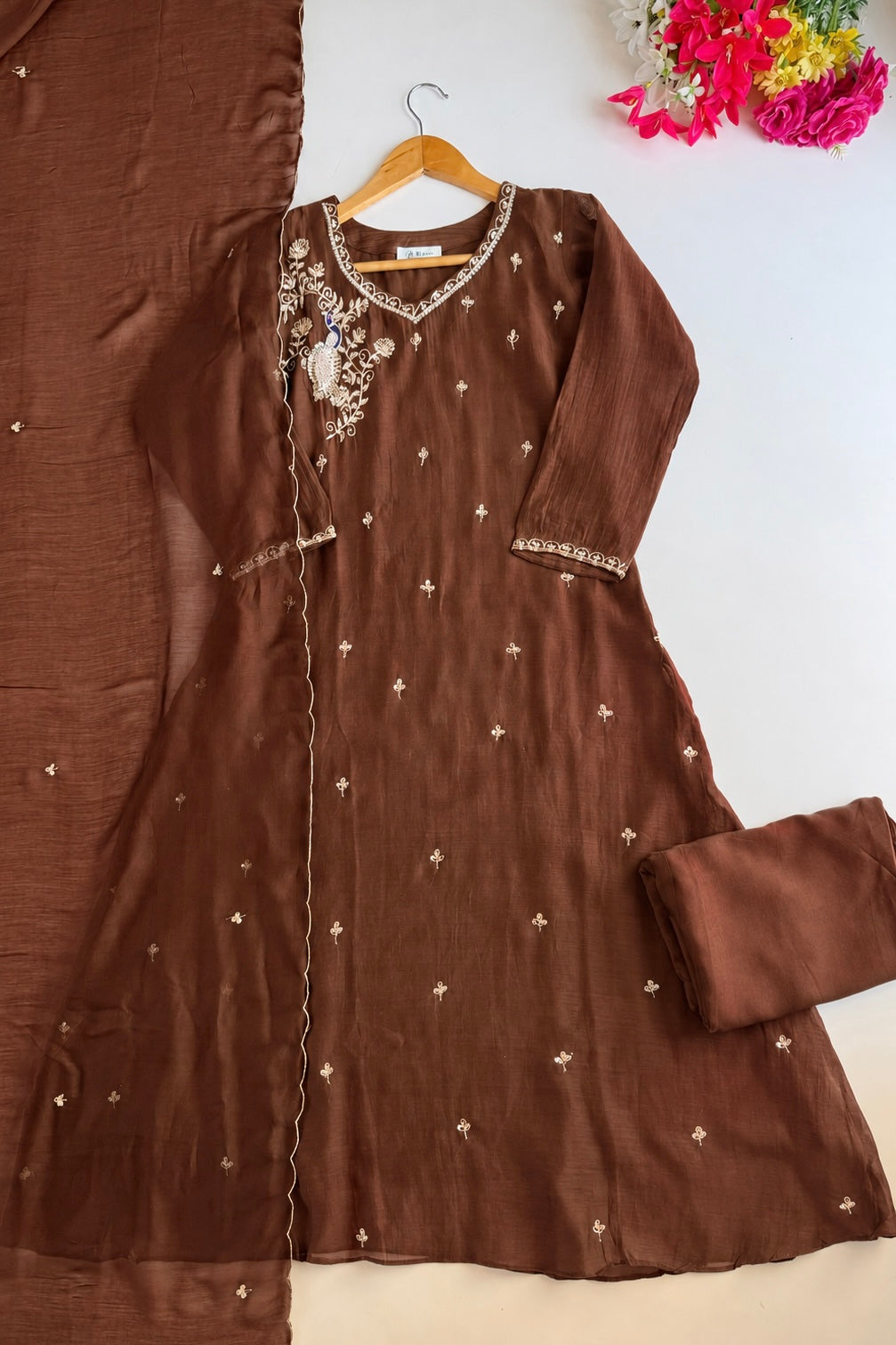 ✨Nora - Premium Chocolate Brown Mul Chanderi A Line Kurta Set ✨