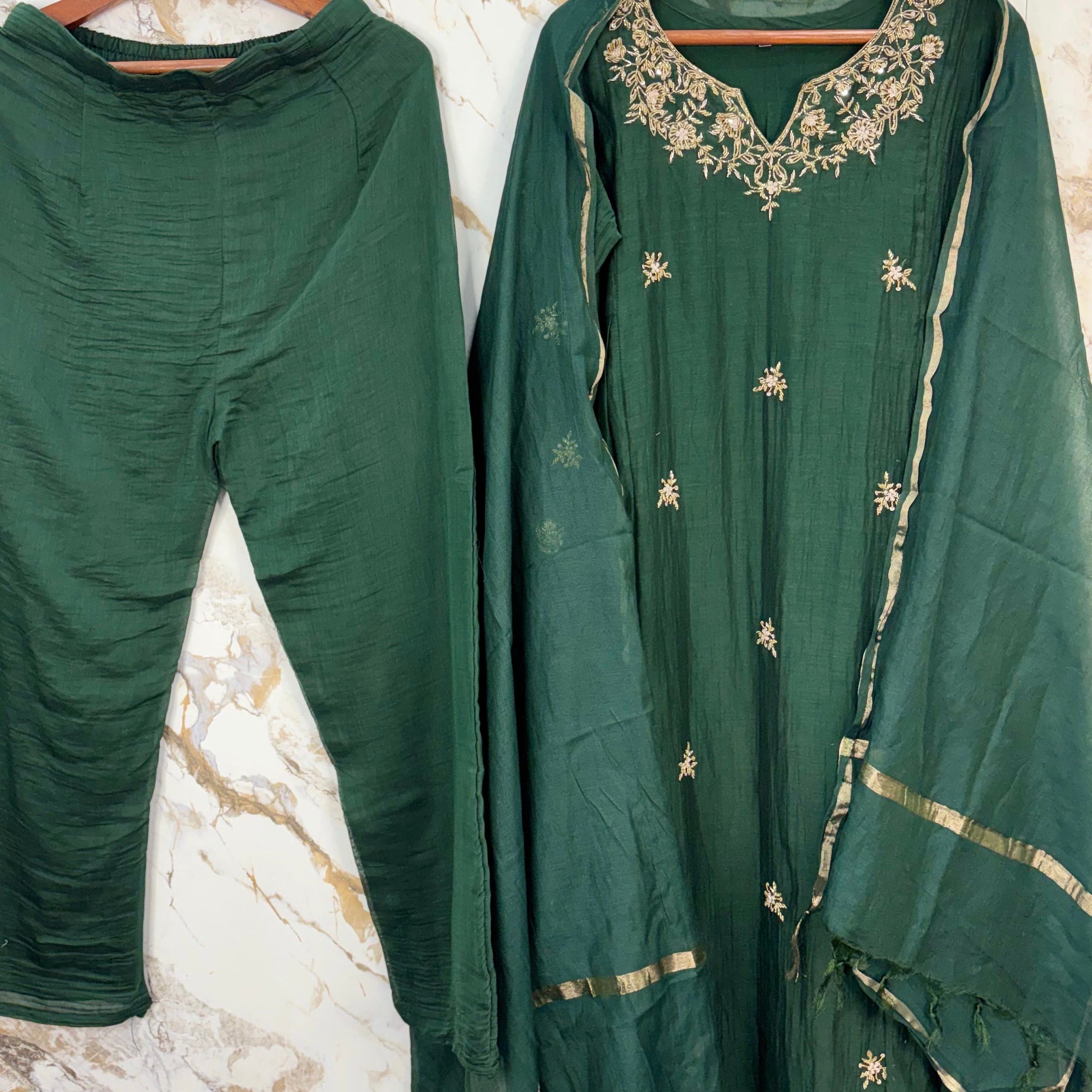 ✨Zoe - Premium Bottle Green Mul Chanderi A Line Kurta Set ✨