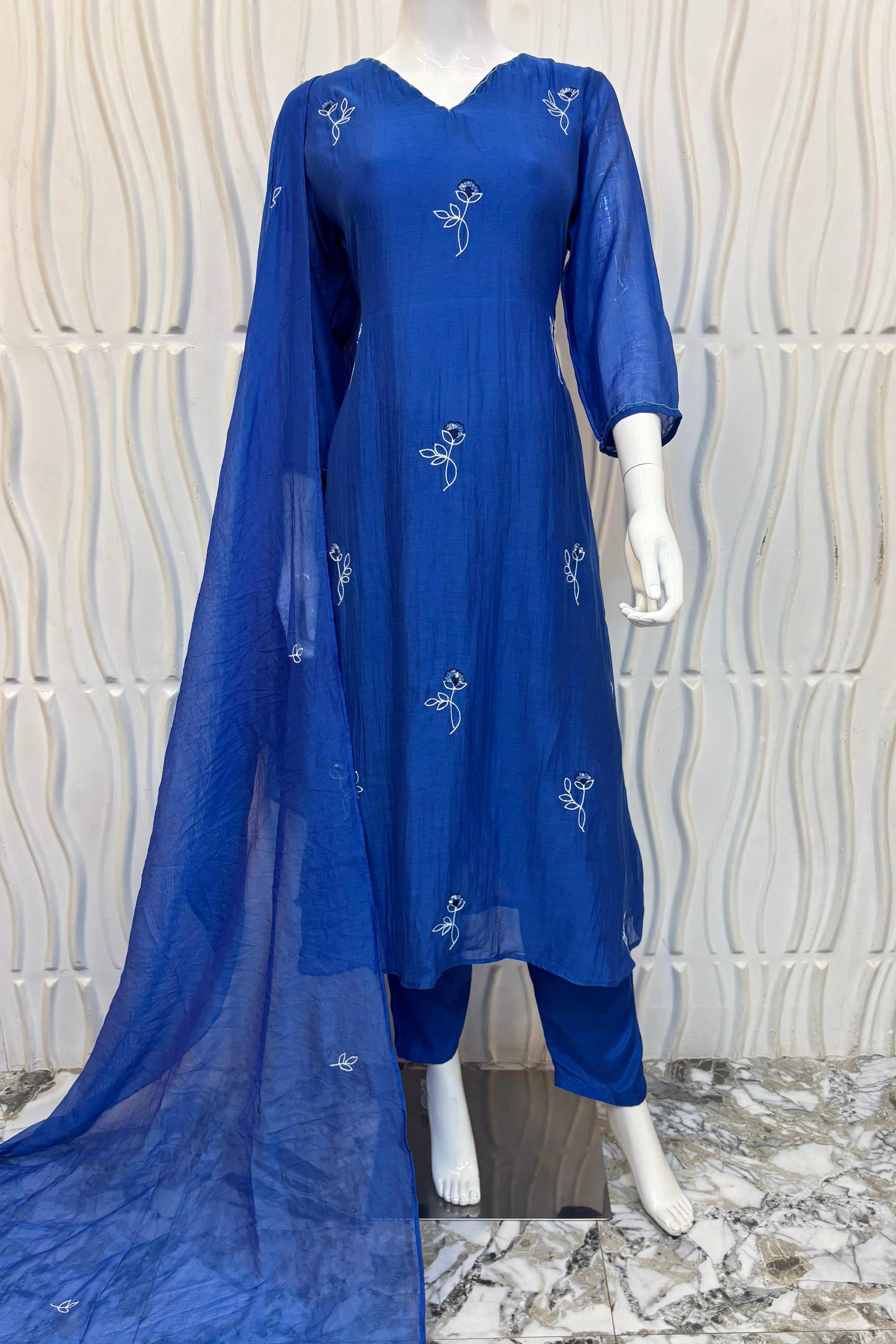 🛍️”Sofia –  Premium Blue Mul Chanderi A Line Kurta Set