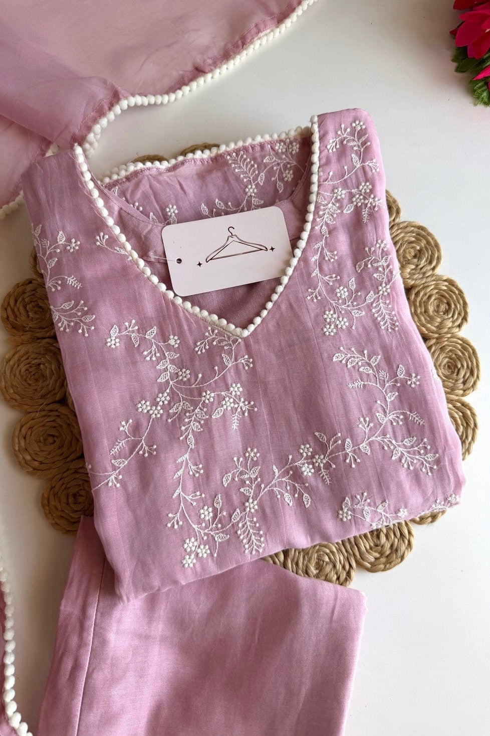 “Elina” Blossom Pink Crushed Chanderi A Line Suit set 🛍️