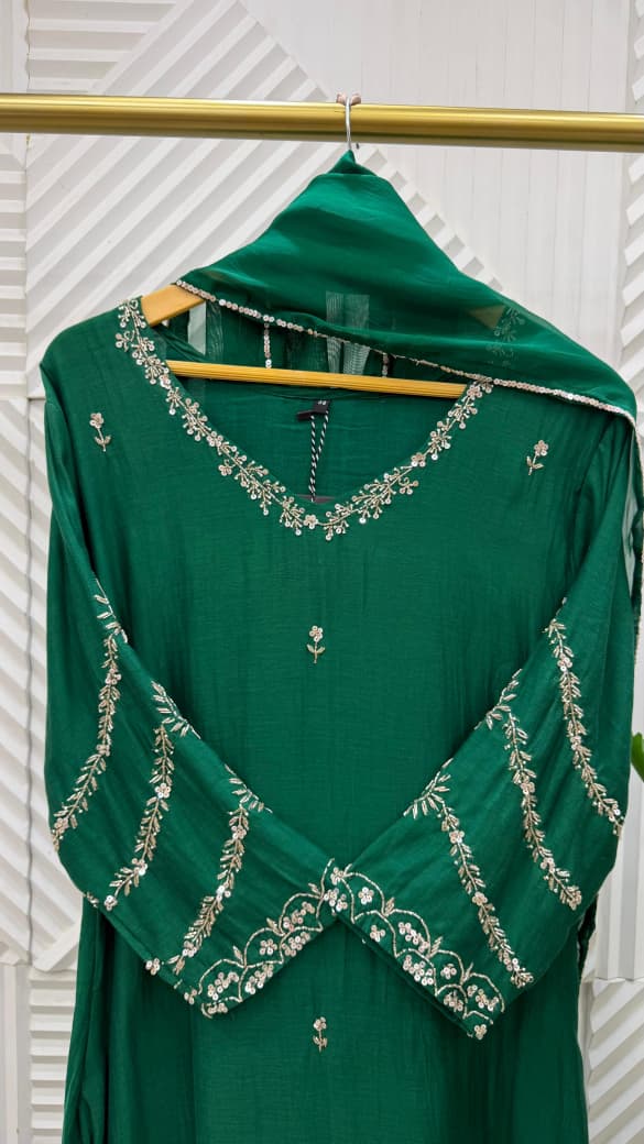✨”Eshal - Premium Green Mul Chanderi A-Line Kurta Set