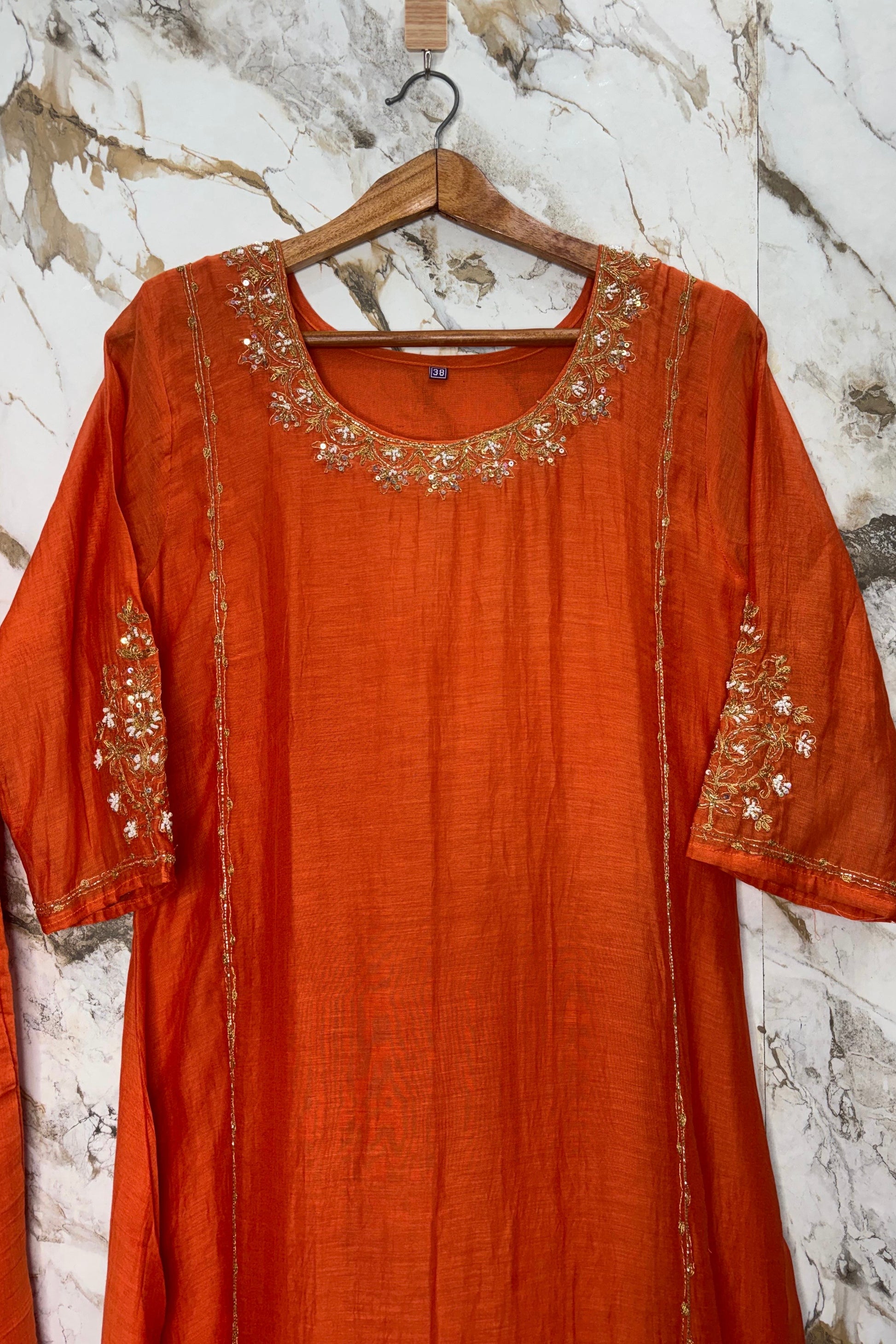 💕”Nayra – Premium Orange Mul Chanderi A-Line Kurta Set
