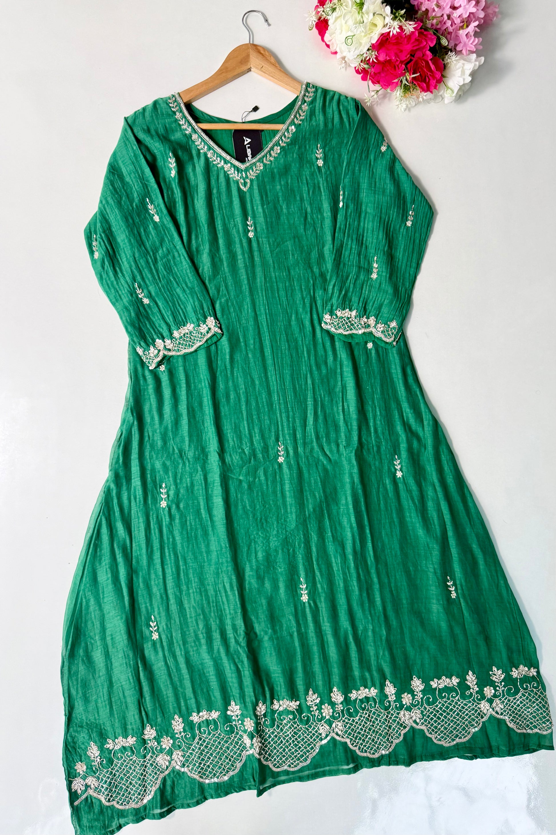 ✨”Eshal - Premium Green Mul Chanderi A-Line Kurta Set