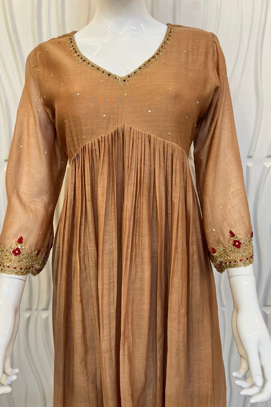 ✨”Almond- Honey Almond Mul Chanderi A-Line Kurta Set