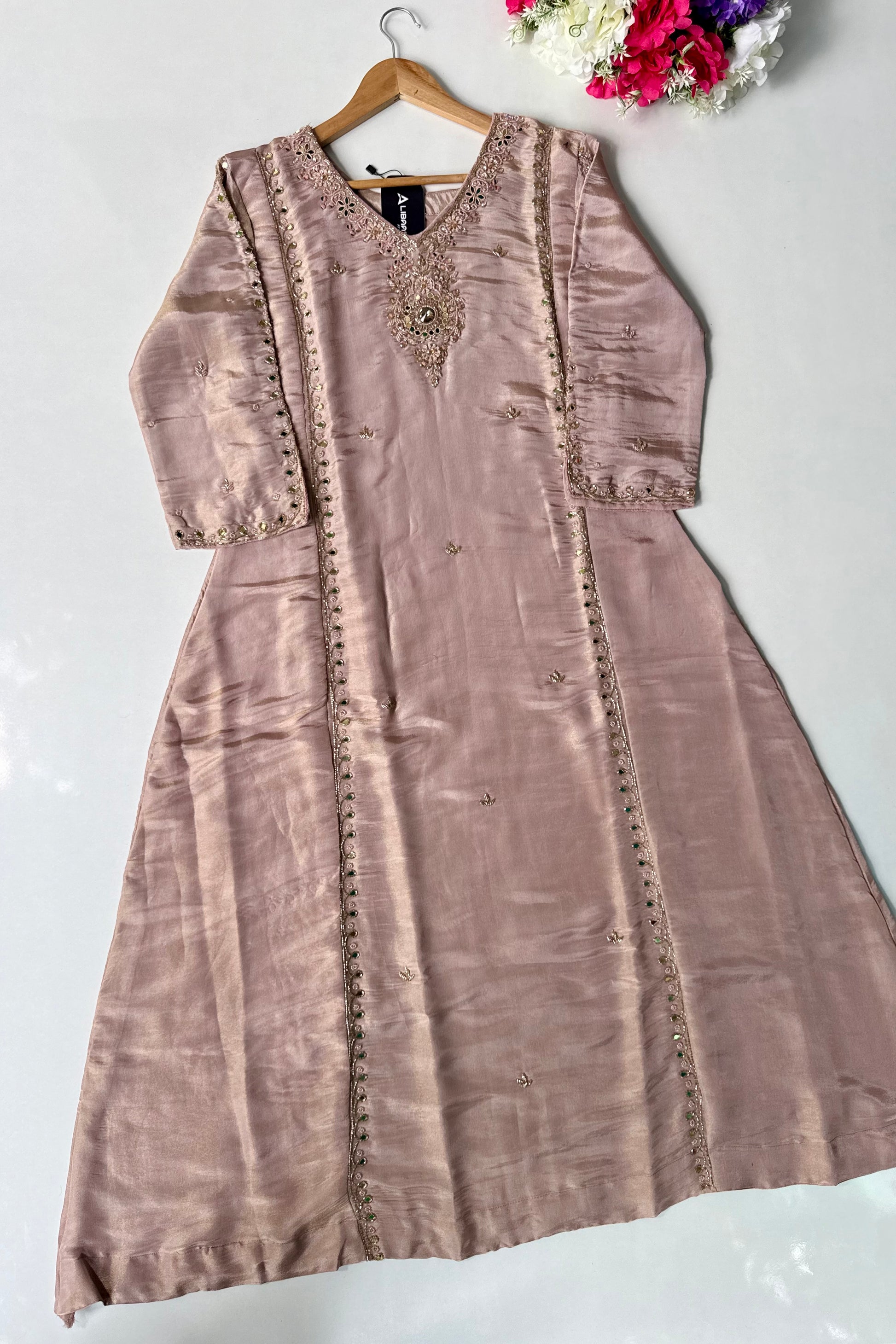 ✨Pearl – Premium Blush Mirror Work Tissue A Line Kurta Set