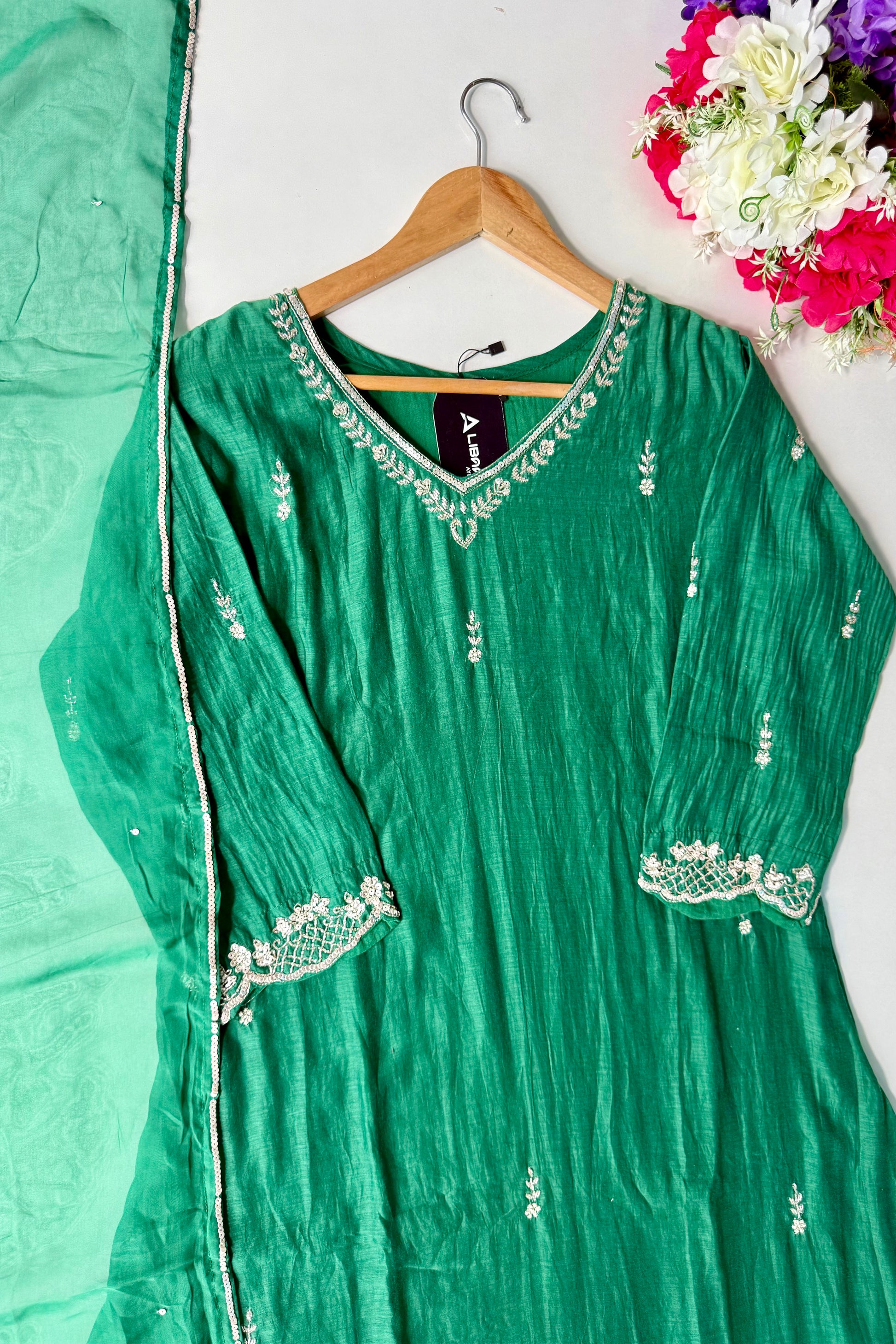 ✨”Eshal - Premium Green Mul Chanderi A-Line Kurta Set