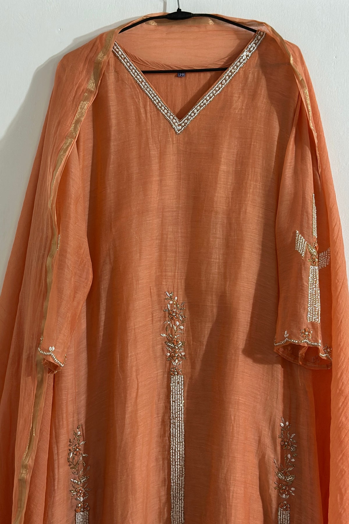 ✨ Mishka- Premium Coral Peach Mul Chanderi A Line Kurta Set
