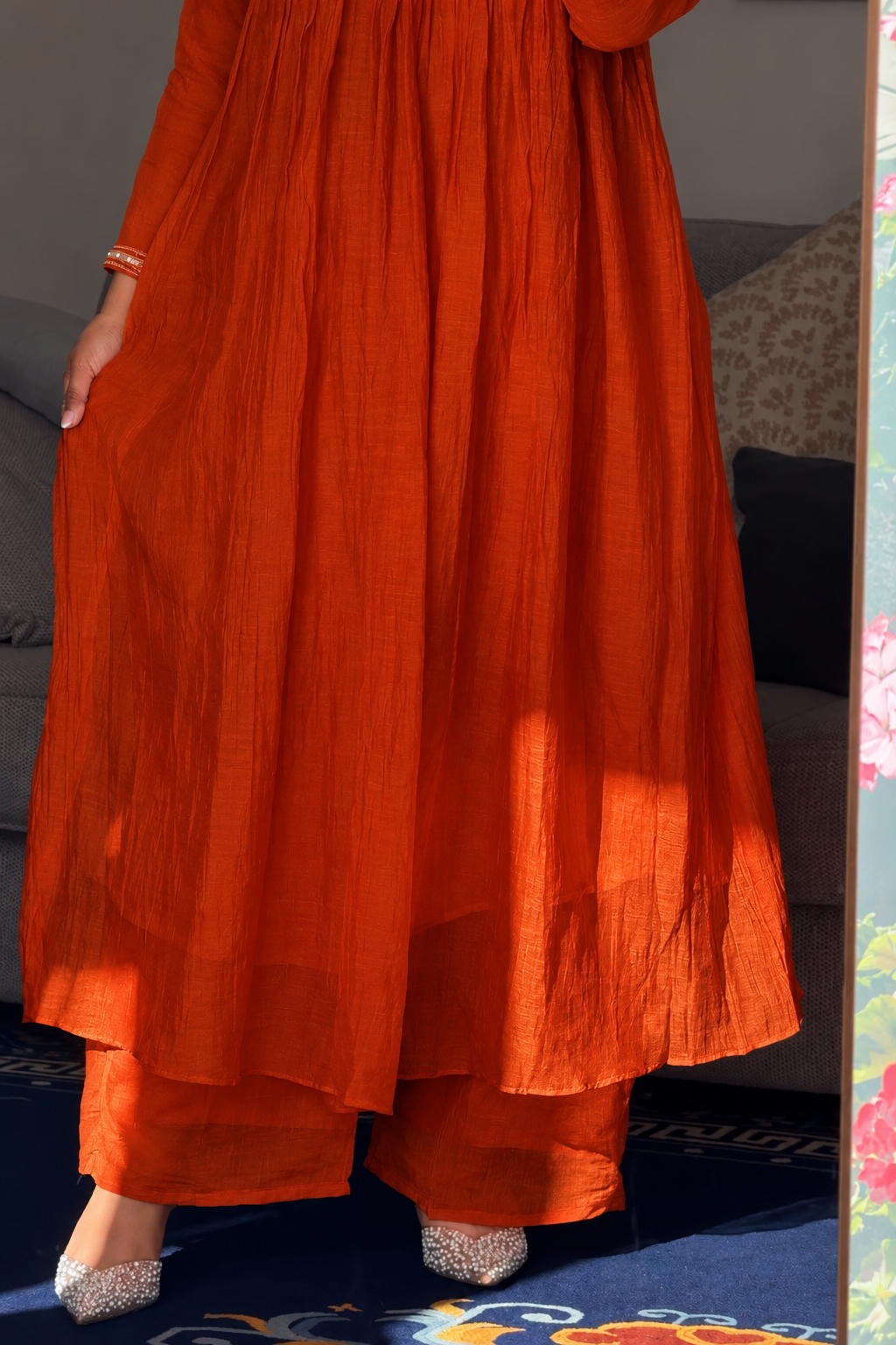 ✨”Mahek-Rust Orange Mul Chanderi A-Line Kurta Set✨