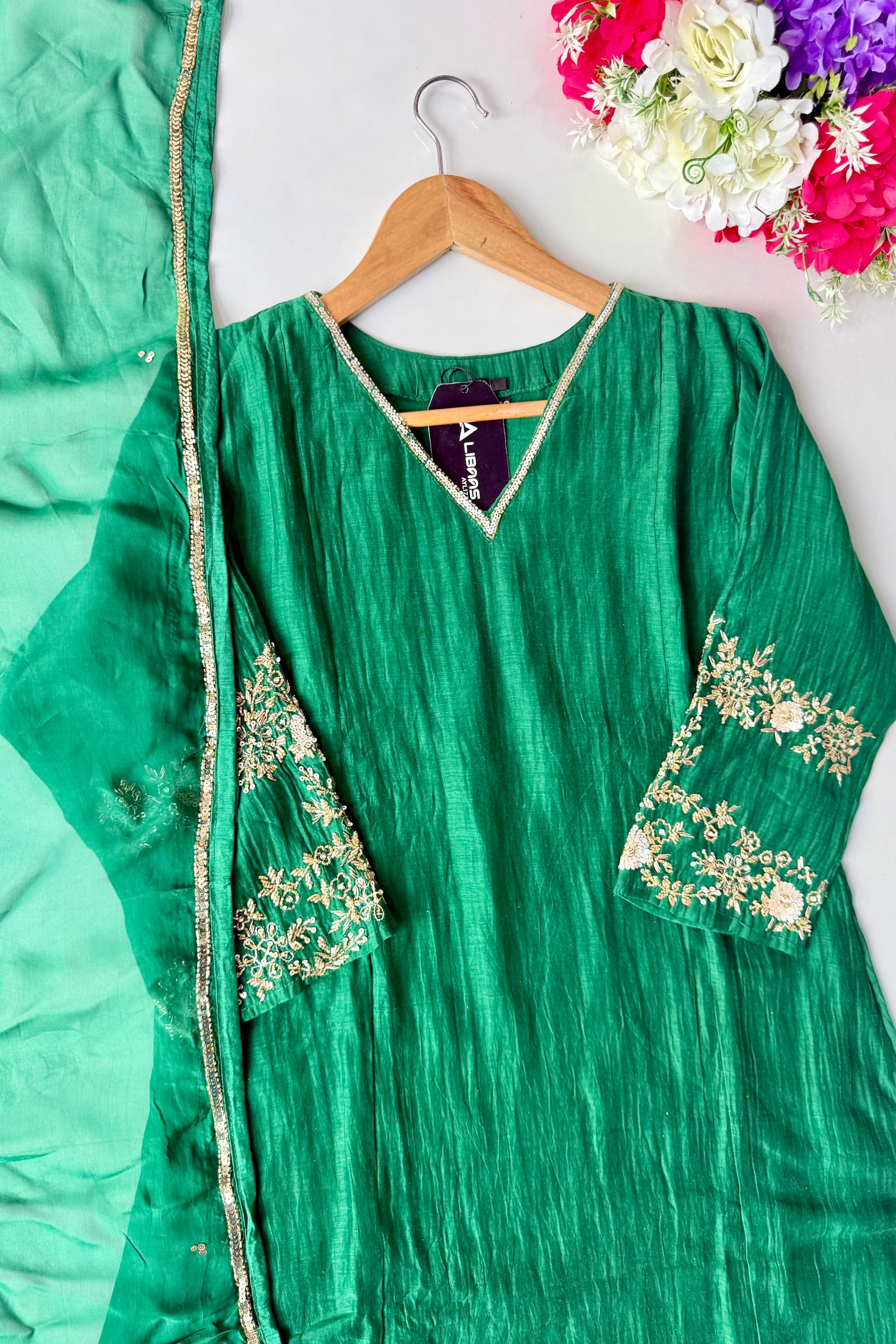 ✨”Amaya - Premium Green Mul Chanderi A-Line Kurta Set